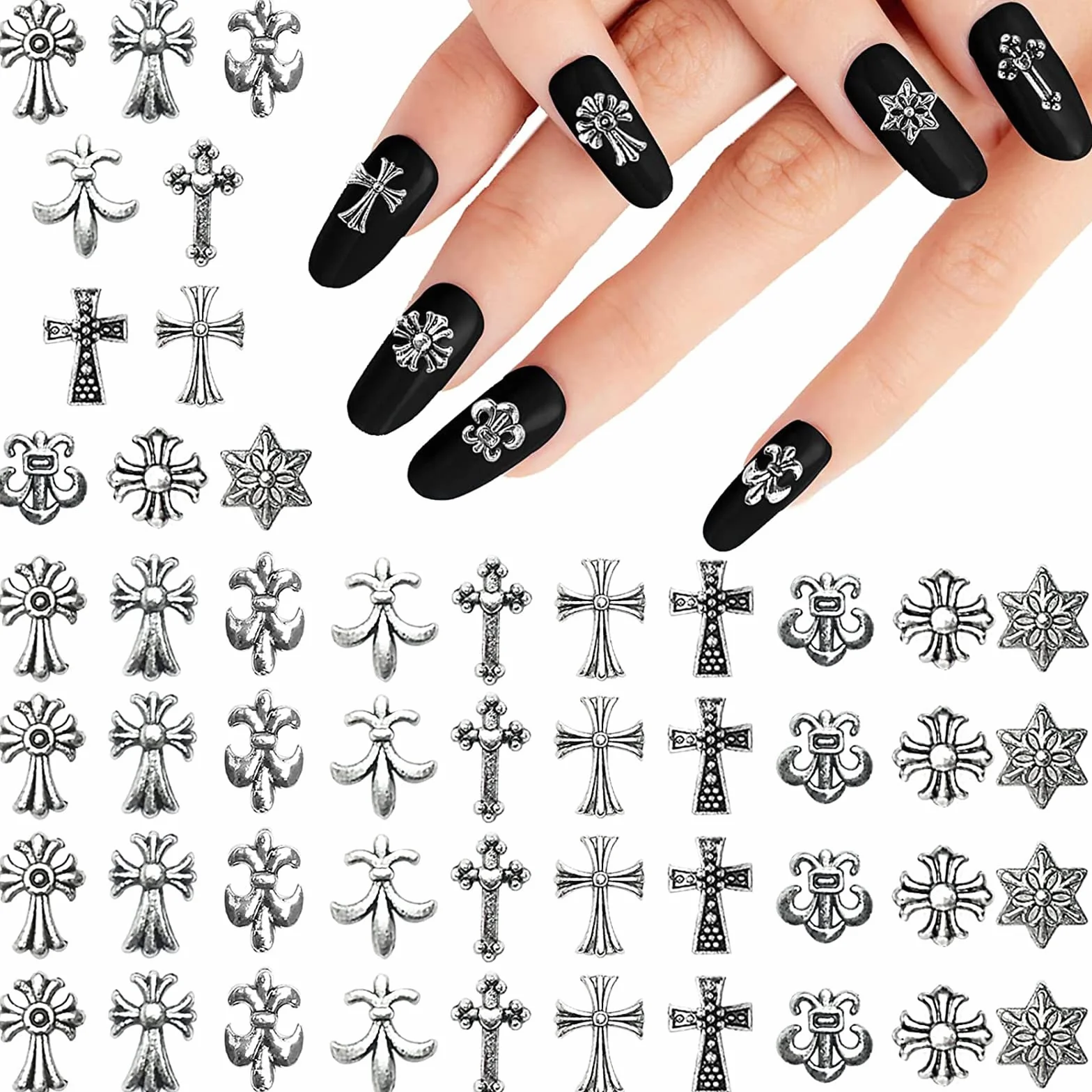 60 sztuk Charms Krzyż Paznokcie 3D Serce Gwiazda Klejnoty Mieszane Styl Sliver Nail Charms Metal Punk Vintage Nail Art Supplies do dekoracji paznokci akrylowych (1#)
