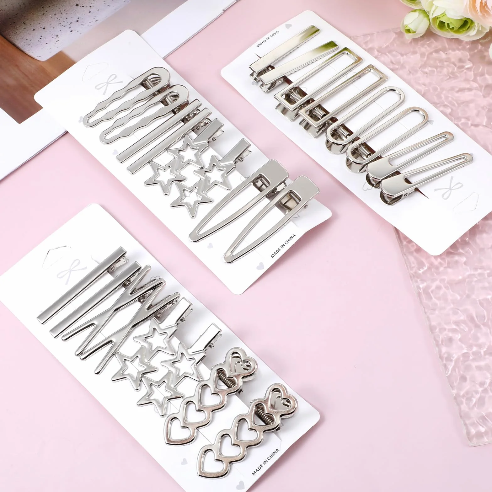 Srebrne metalowe spinki do włosów Y2k, geometryczne, minimalistyczne, zestaw 12 stylów