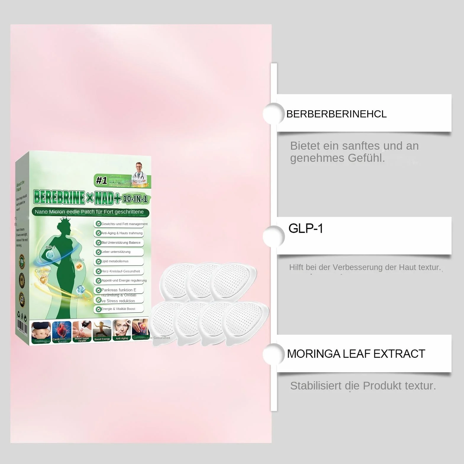 Moringa X Berberin plastry na odchudzanie, Moringa i berberyna, Luxarise Moringas 10 w 1 Advanced Nano Microneedle Patch delikatne plastry odchudzające, do pielęgnacji ciała (6 pudełek)