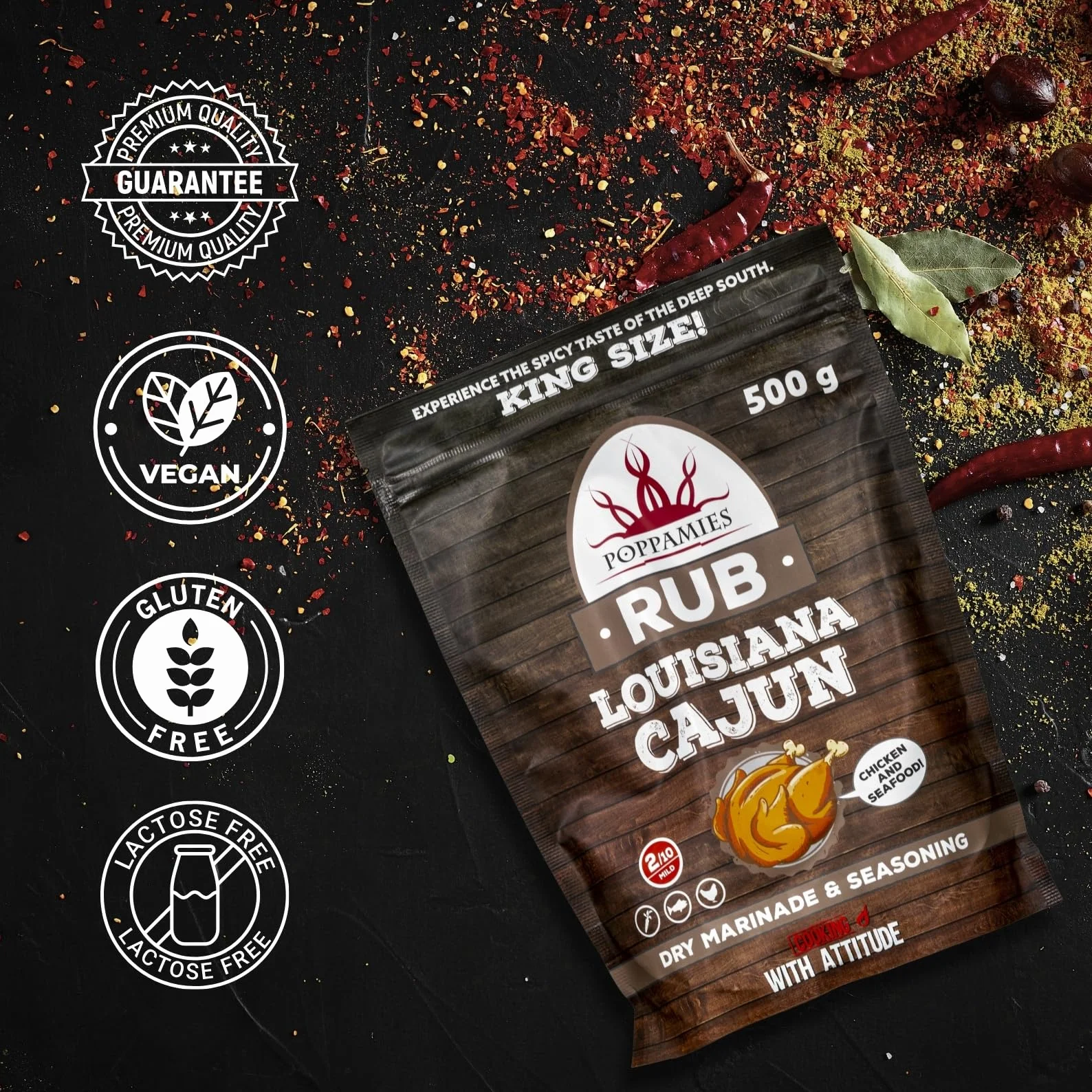Poppamies Louisiana Cajun BBQ Rub - 100% naturalna przyprawa do grilla - Sucha marynata i przyprawy do kurczaka i owoców morza - duże opakowanie 500g