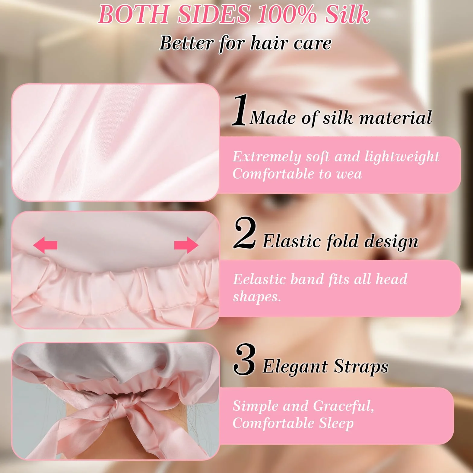 Jedwabny czepek do spania, 100% jedwab morwowy, regulowana, miękka czapka do spania Bonnet jedwabna do kręconych i prostych włosów, Rosa, Rozmiar uniwersalny