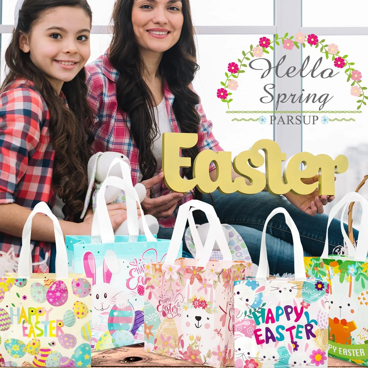 12 szt. Happy Easter Egg Hunt, różne rozmiary, króliczek, marchewka, kurczak, jajko, torebki na prezenty, torby na smakołyki, nietkane torby wielkanocne do pakowania prezentów, polowanie na jajka,