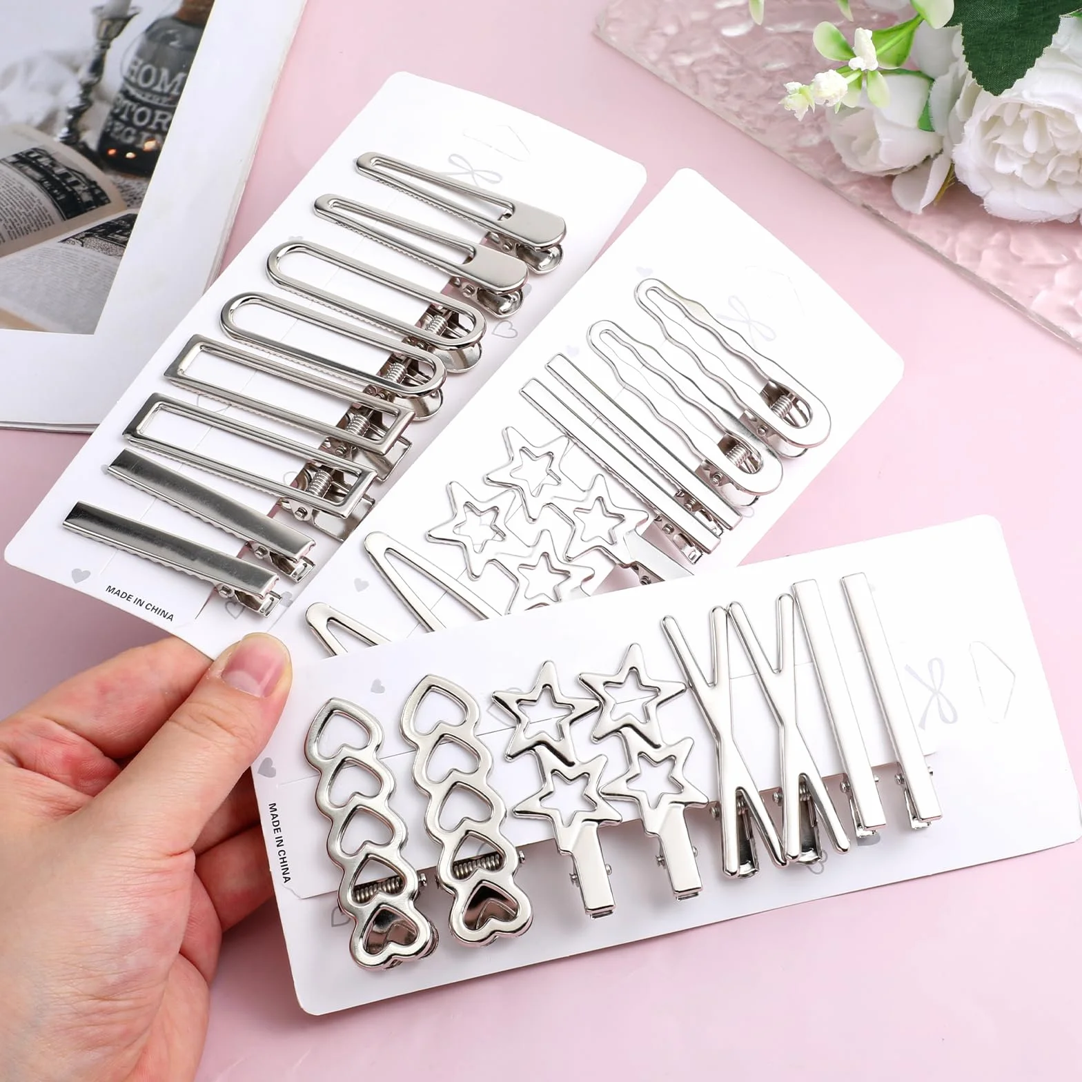 Srebrne metalowe spinki do włosów Y2k, geometryczne, minimalistyczne, zestaw 12 stylów