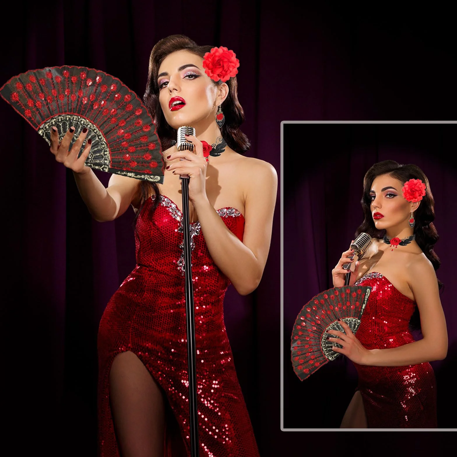 Haftowany wachlarz choker kolczyki kwiat róży spinka do włosów hiszpański kostium tancerki flamenco