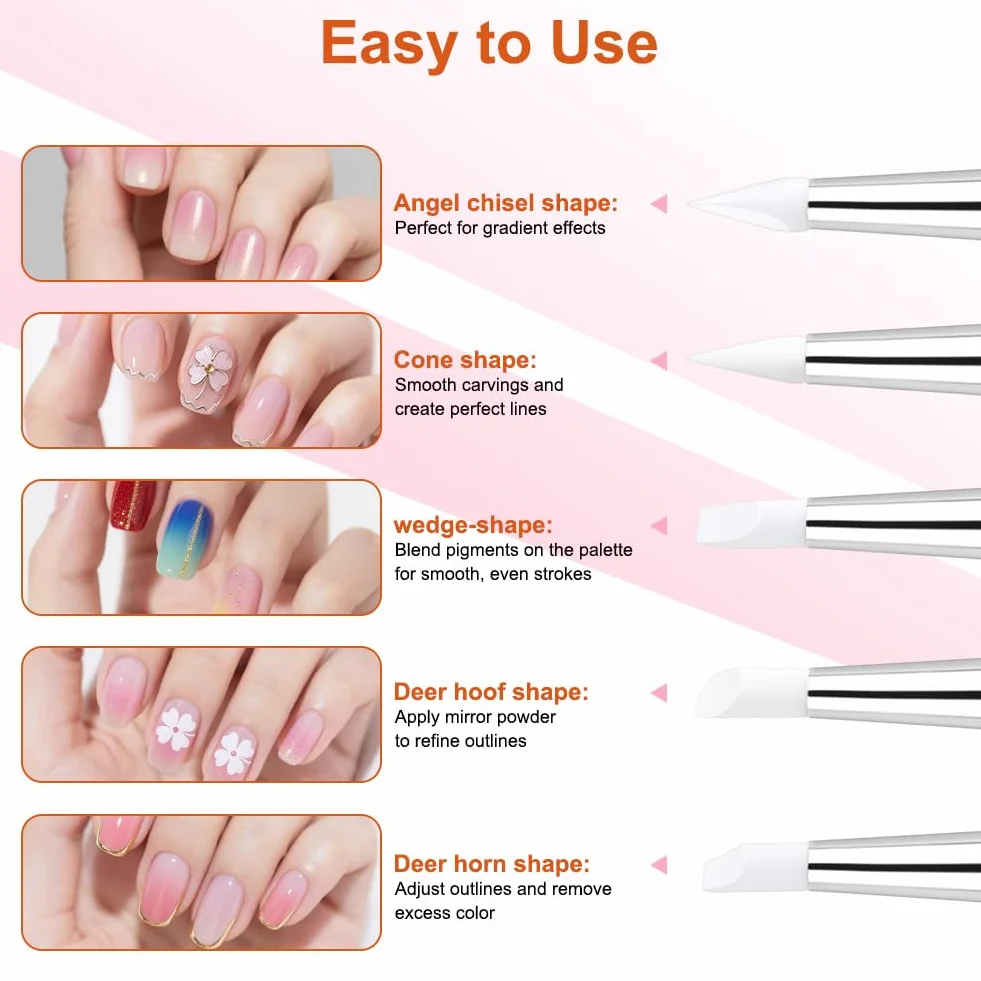 5 szt. Pióro do Rzeźbienia Nail Art, Silikonowe Narzędzia do Paznokci z Podwójną Końcówką, Narzędzie do Kropkowania z Podwójnym Końcem, Pióro do Rzeźbienia Lakieru do Paznokci z Kryształkami
