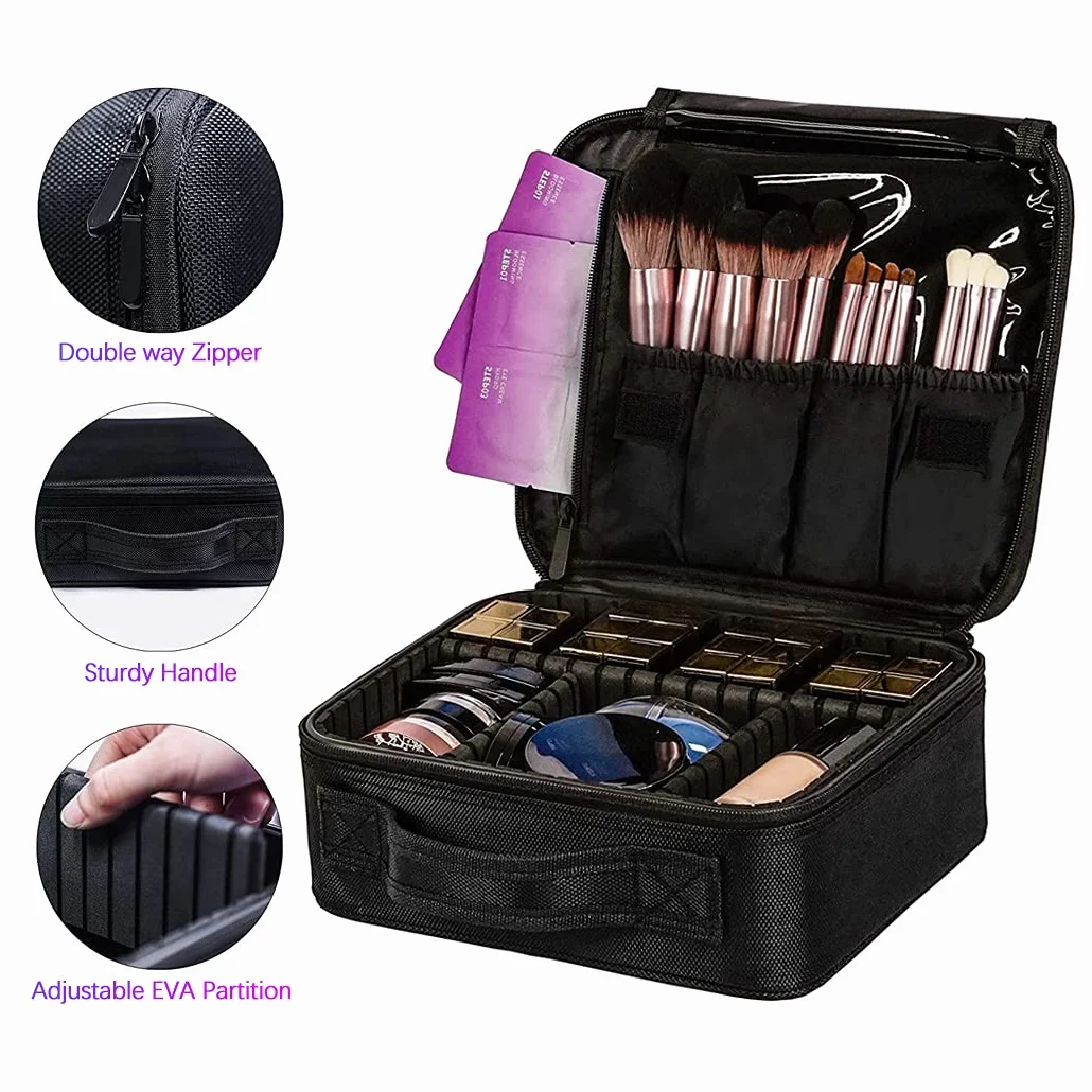 Podróżna kosmetyczka profesjonalna kosmetyczka, etui na przybory fryzjerskie, organizer z regulowaną przegródką, tkanina Oxford, czarna, Czarny, 26x23x9cm