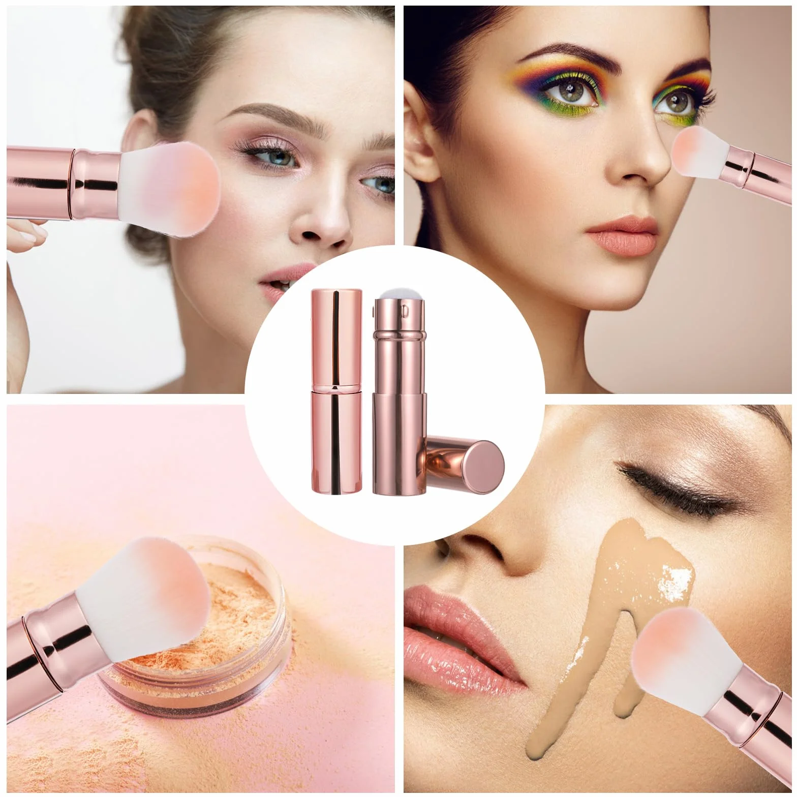 2-pak wysuwanych pędzli do różu i pędzla Kabuki z osłoną, przenośny pędzel podróżny do płynnego podkładu, pudru i bronzera, profesjonalny blender do twarzy i korektor dla kobiet i do codziennego
