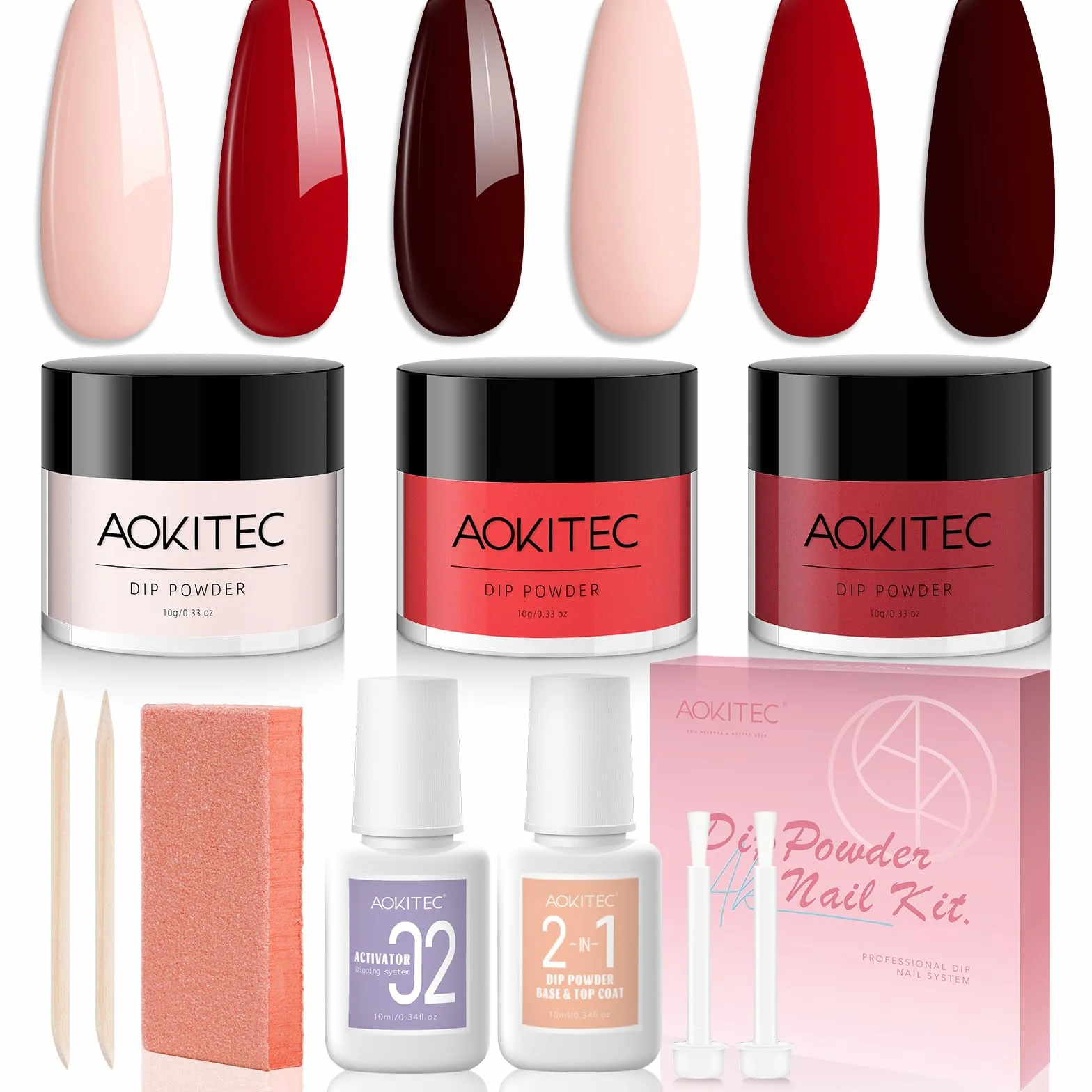 Aokitec 3 kolory Dipping Powder Nail Set zestaw, 11-częściowy zestaw do dip pudru z bazą 2 w 1 i aktywatorem akryłowym, Nail Art dla kobiet