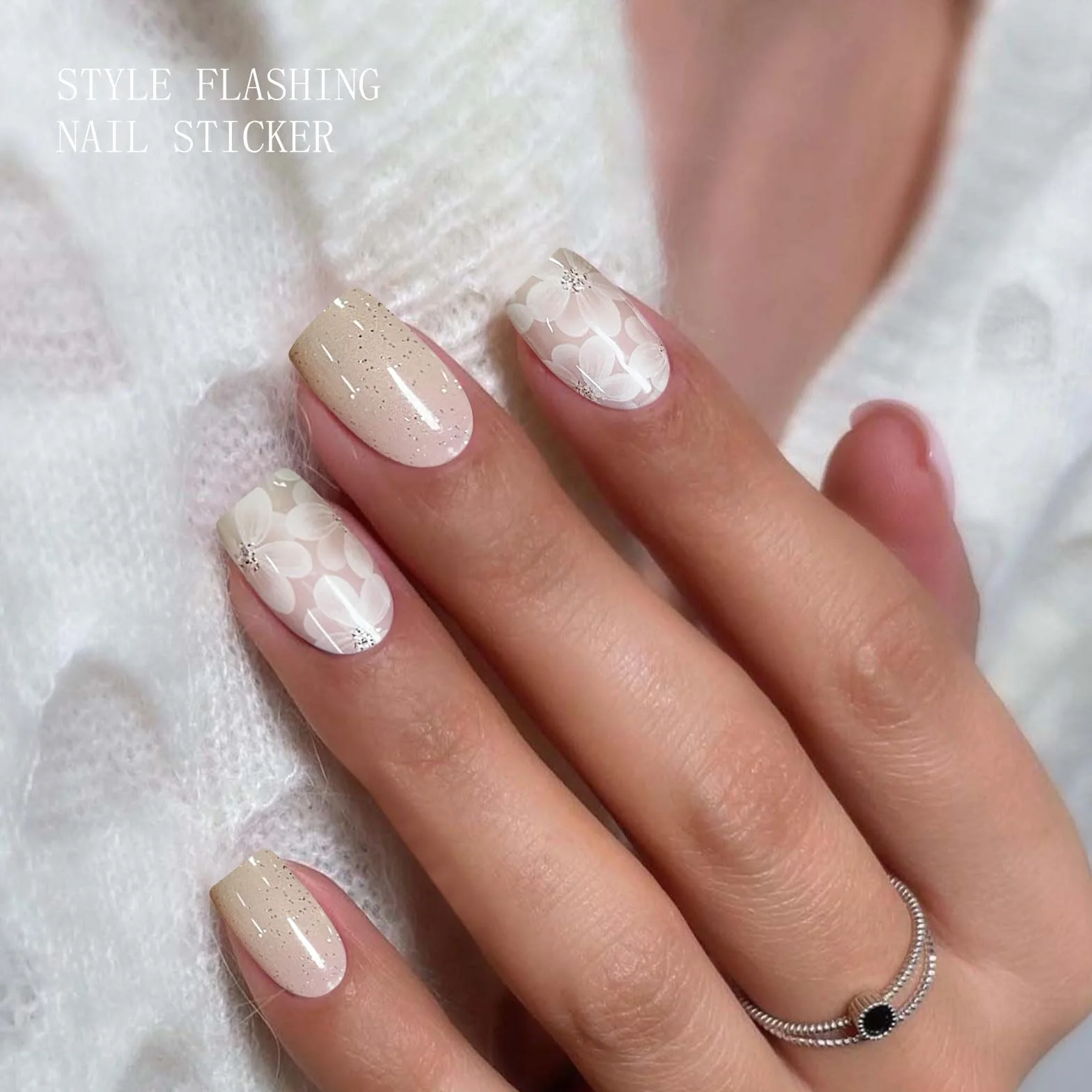 JMEOWIO Białe Kwiaty Glitter Folia do paznokci Żel UV Nail Art Naklejki Naklejki na paznokcie Selbst Sticking Nail Decoration