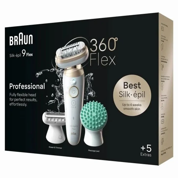 Braun Silk-épil 9 Flex, depilator damski/depilator do długotrwałego usuwania włosów, nasadka do golenia, nakładka do masażu, Made in Germany, 9-071 3D, biały/złoty