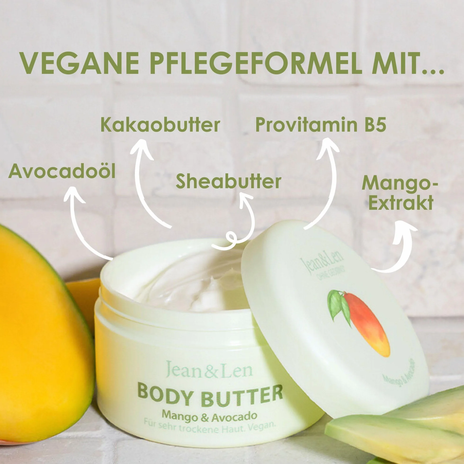 Jean & Len Egzotyczne masło do ciała, mango i awokado, intensywnie pielęgnuje suchą i bardzo suchą skórę, doskonałe pH skóry, o egzotycznym zapachu mango, masło do ciała, bez parabenów i silikonów,