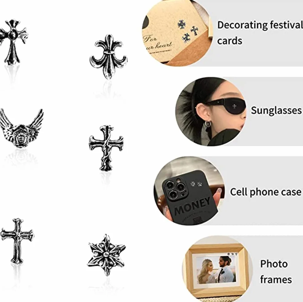 60 sztuk Charms Krzyż Paznokcie 3D Serce Gwiazda Klejnoty Mieszane Styl Sliver Nail Charms Metal Punk Vintage Nail Art Supplies do dekoracji paznokci akrylowych (1#)
