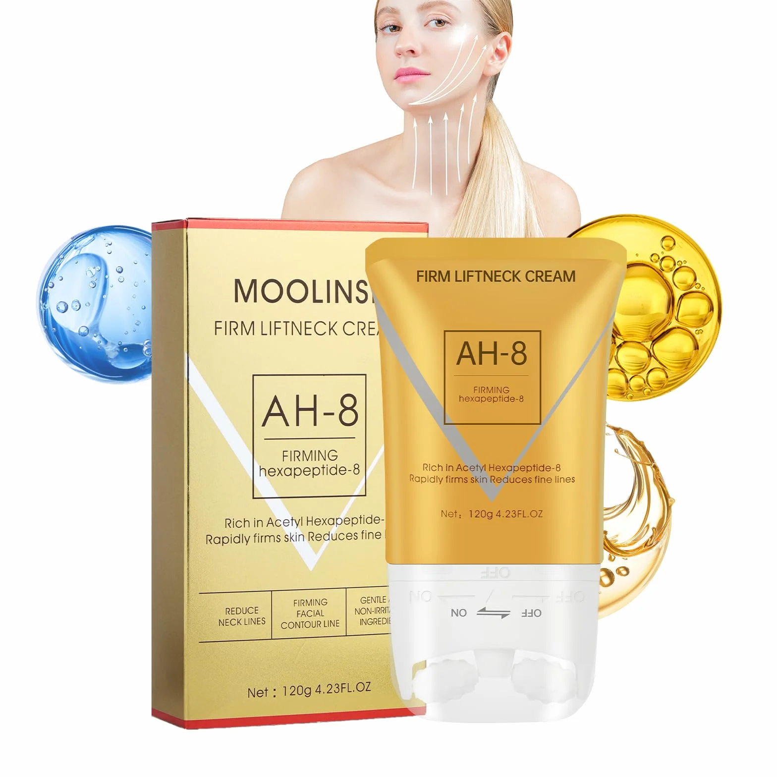 Ujędrniający krem na szyję, 120g AH-8 ujędrniający krem na szyję, krem na szyję i ujędrniający dekolt z masażem podwójnym wałkiem, zmniejsza zmarszczki na szyi i ujędrnia kontury twarzy