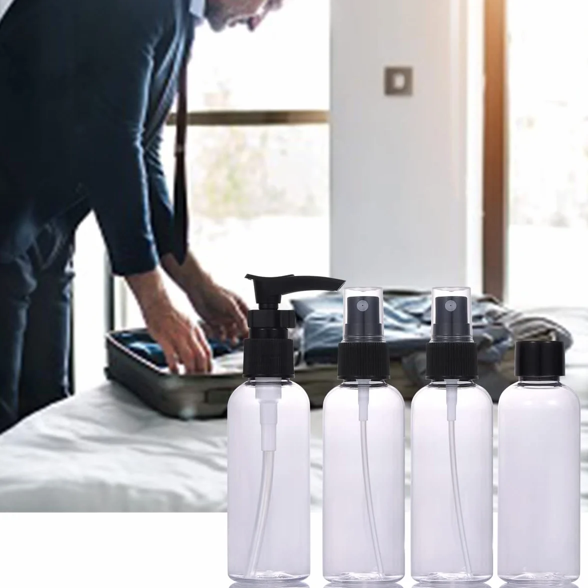 Zestaw plastikowych butelek podróżnych, 4 szt. szczelne puste butelki z rozpylaczem / pompką z pokrywkami i przezroczystą torbą do przenoszenia, 100 ml, butelki podróżne na szampon, odżywkę, balsam,