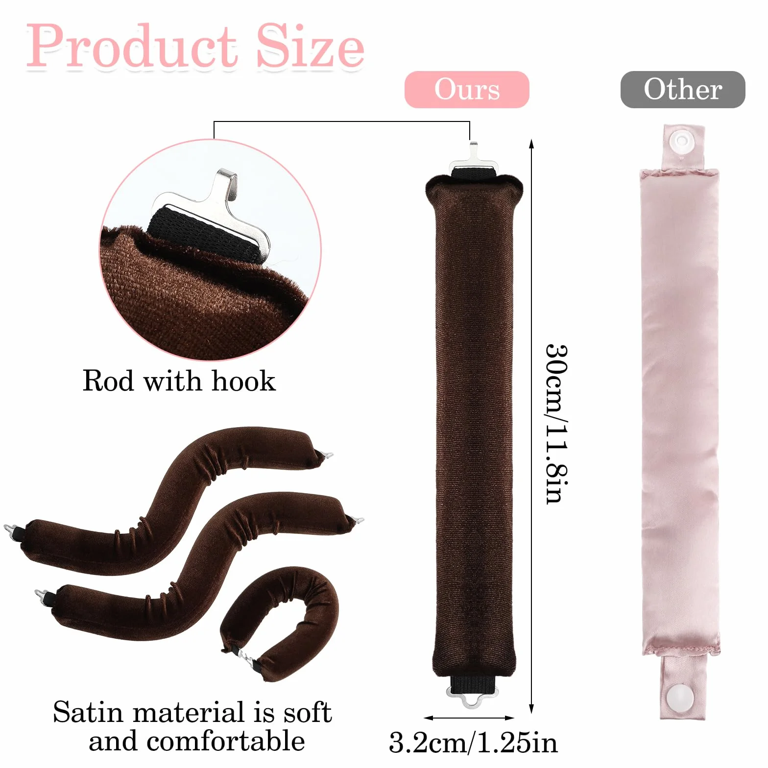 Yuanchu Taśma Heatless Curls do włosów bez ciepła, brązowa, do wszystkich rodzajów włosów, lokówka z haczykami