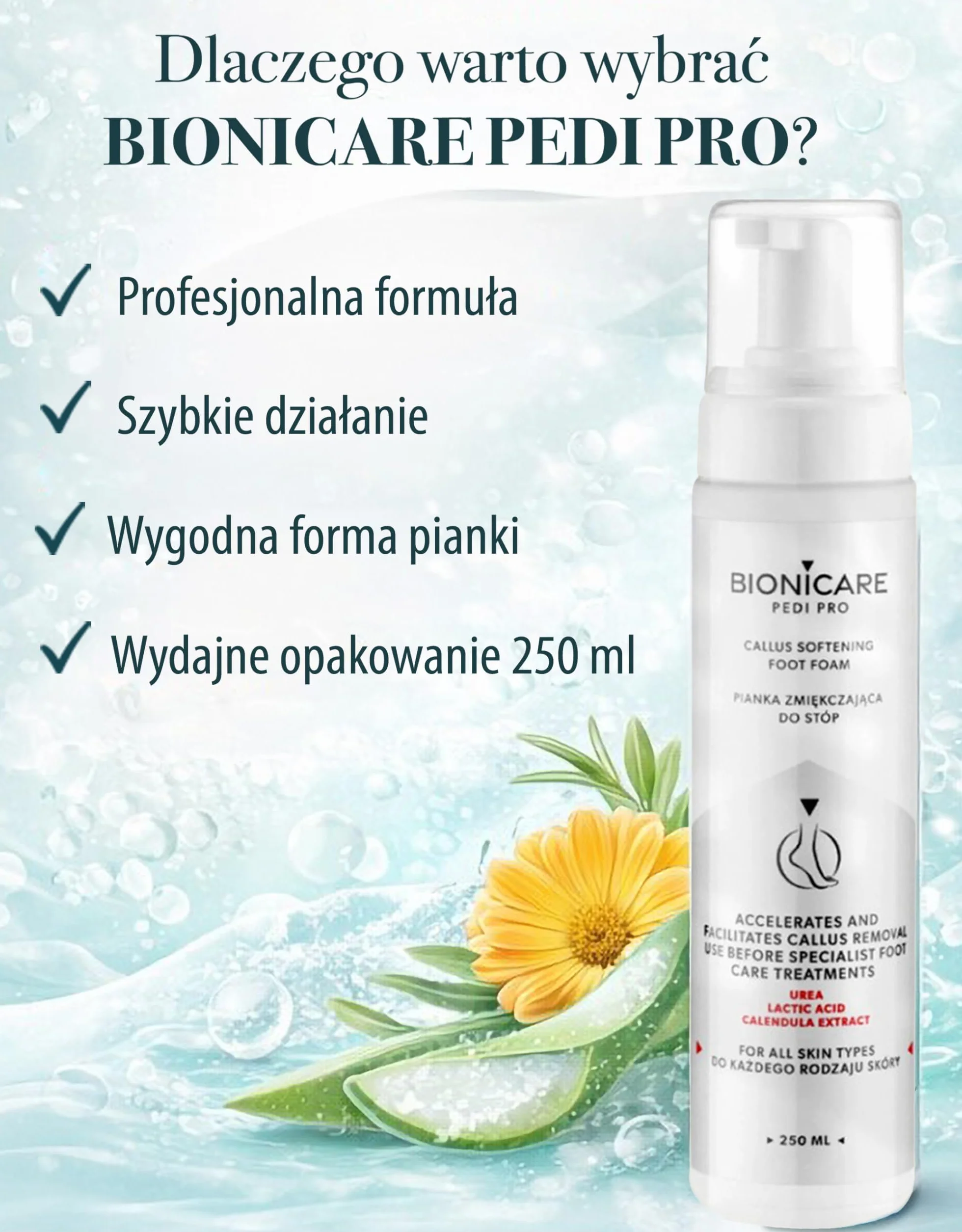 Pianka do Stóp z Mocznikiem 15% - Zmiękczanie Zrogowaceń & Przygotowanie do Zabiegów Pielęgnacyjnych Stóp - z Kwasem Mlekowym i Ekstraktem z Nagietka - 250 ml