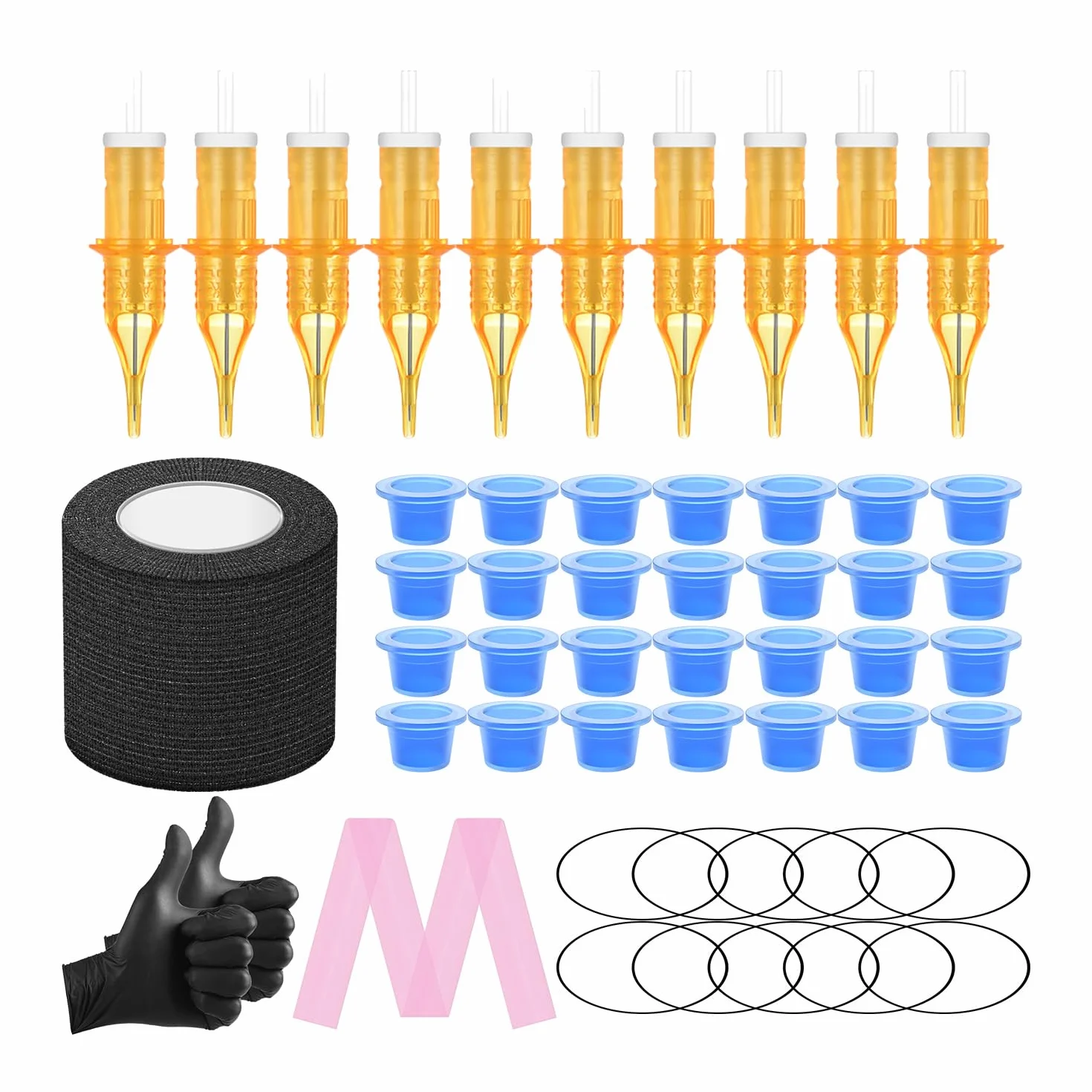 ATOMUS 10pcs Tattoo Cartridge Needles Kit 3RL Needles 100pcs Silicone Tattoo Ink Cup and 10pcs Rubber Bands Clip Cord Bag Black Bandage