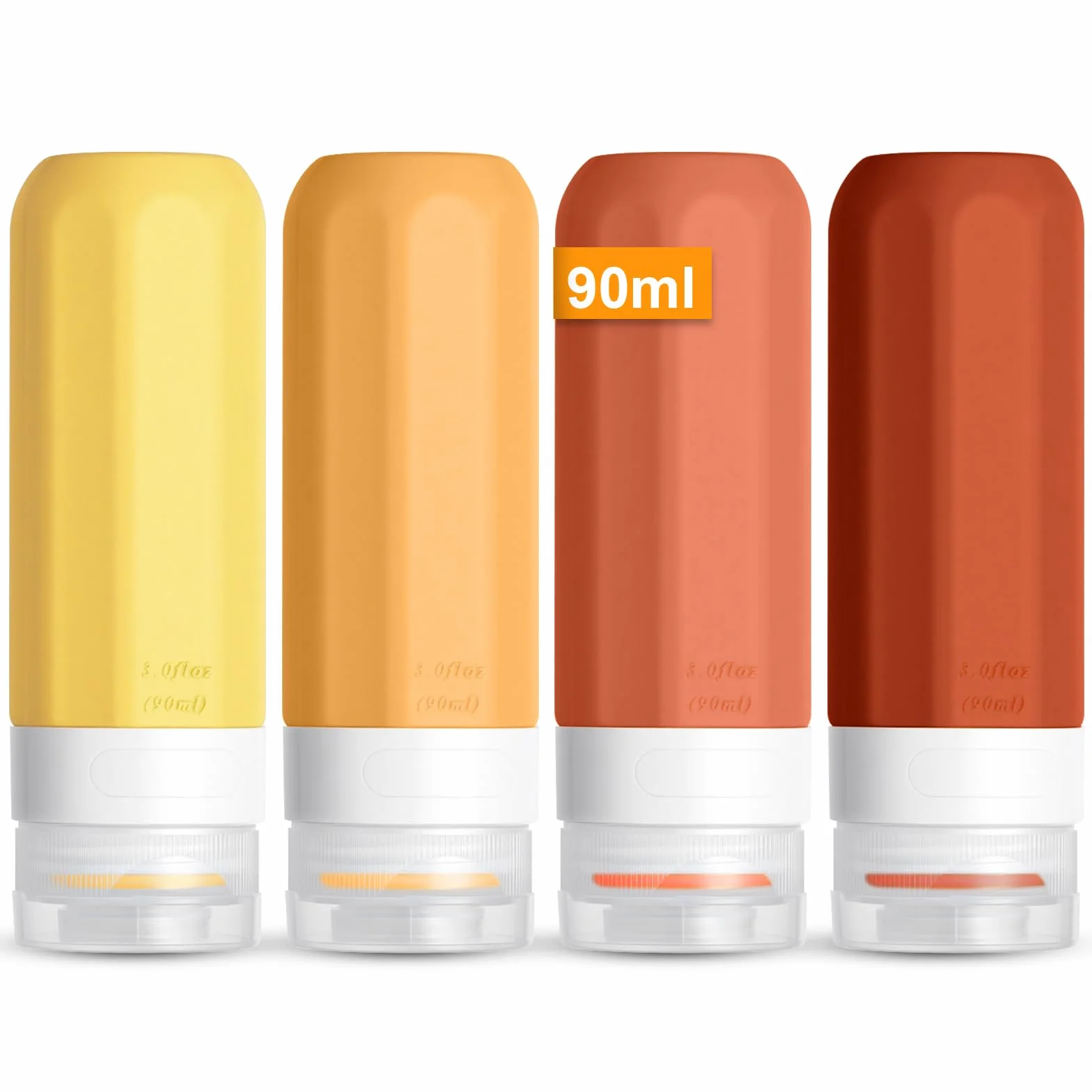 OSDUE Fiolki podróżne samolotem, 4 szt., 90 ml, wodoodporny silikon, zestaw kosmetyków, mała pusta butelka, akcesoria turystyczne, balsam, żel pod prysznic, krem kosmetyczny,żółty
