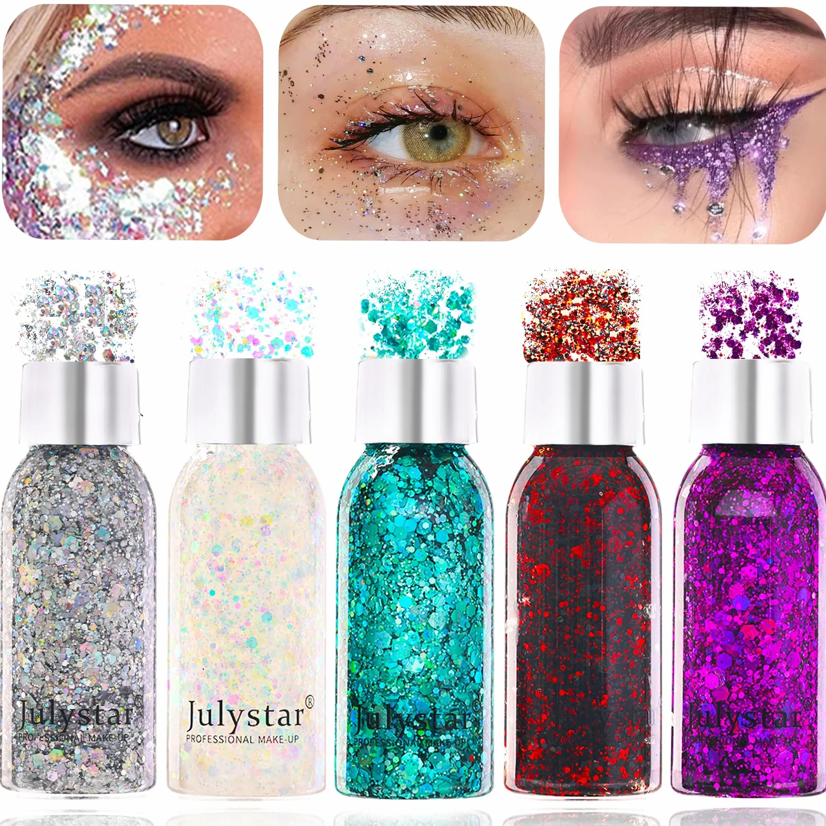 5 sztuk Body Glitter Gel, Glitter Gel Face, Festival Glitter Face, Mermaid Sequins Chunky Glitter Liquid Gel, Glitter Make-up for Masquerade Christmas Festival Party Decoration