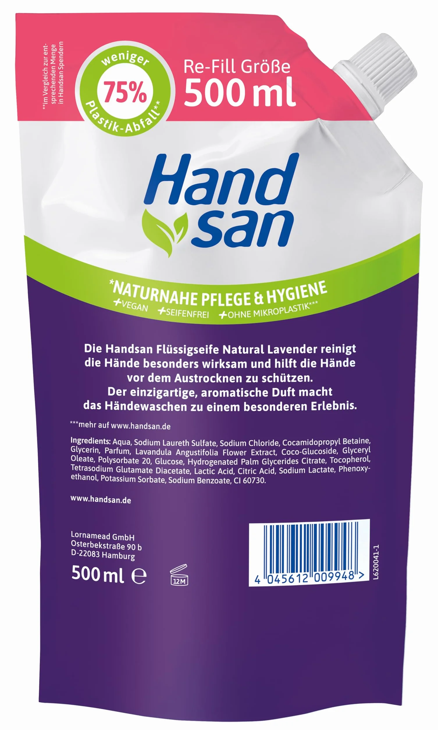 Hand san Mydło w płynie Natural Lavender w woreczku uzupełniającym | z naturalnym olejkiem lawendowym | mycie rąk i oczyszczanie twarzy | receptura bez mikroplastiku | neutralne pH i wegańskie | 500