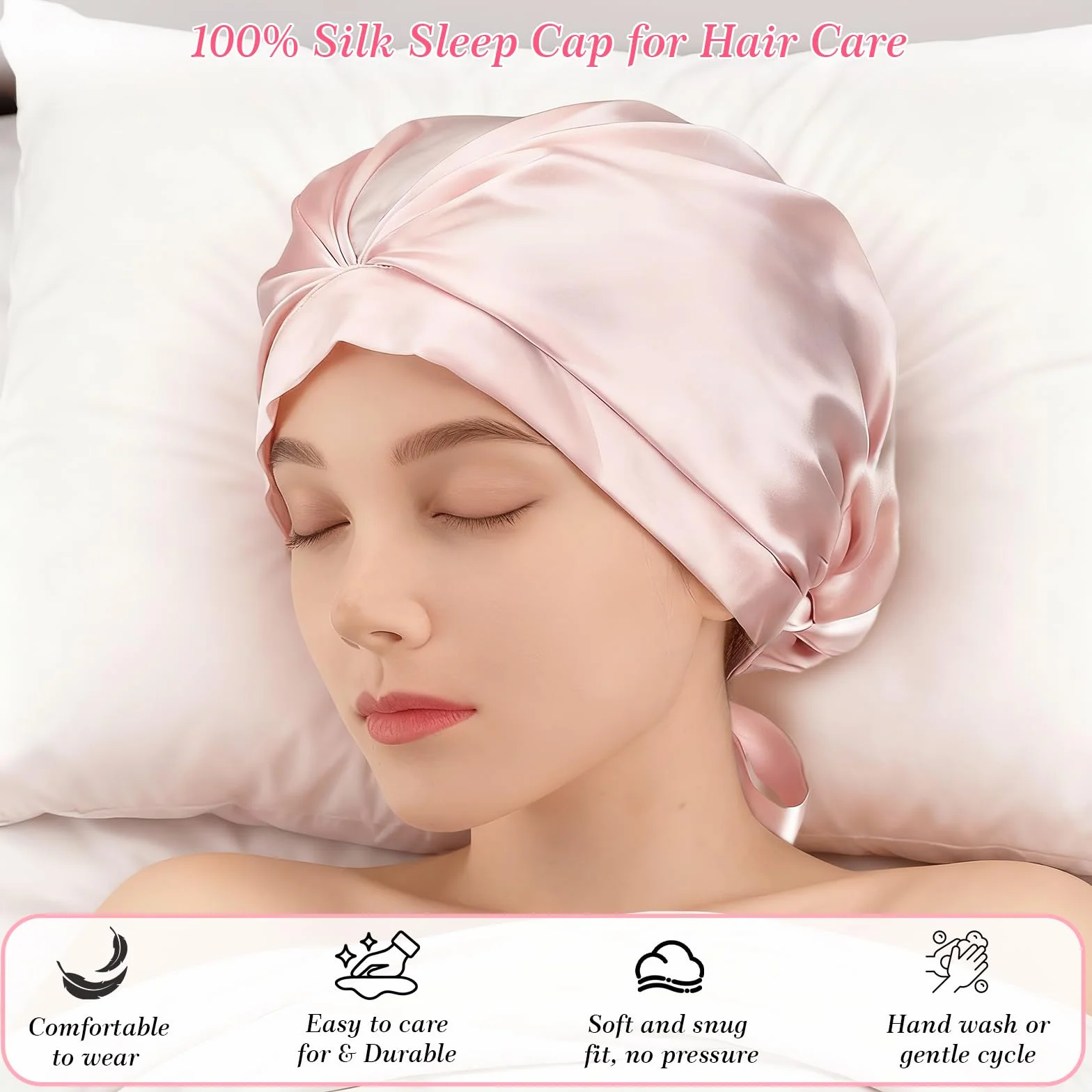 Jedwabny czepek do spania, 100% jedwab morwowy, regulowana, miękka czapka do spania Bonnet jedwabna do kręconych i prostych włosów, Rosa, Rozmiar uniwersalny