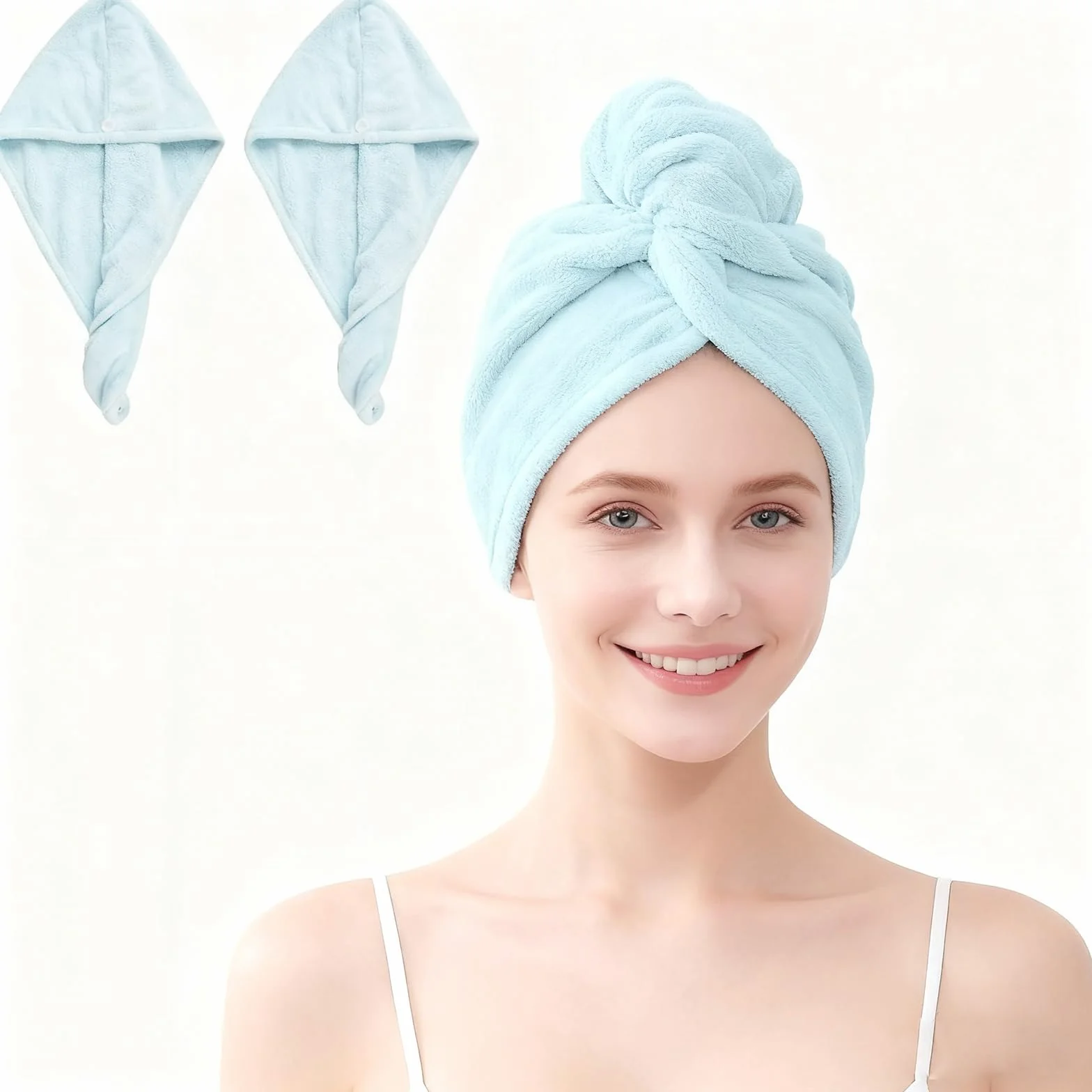 Windfromort 2 szt. Turban suszarka do włosów – ręcznik z mikrofibry z guzikiem, szybkie suszenie turbanów, do długich włosów (niebieski)