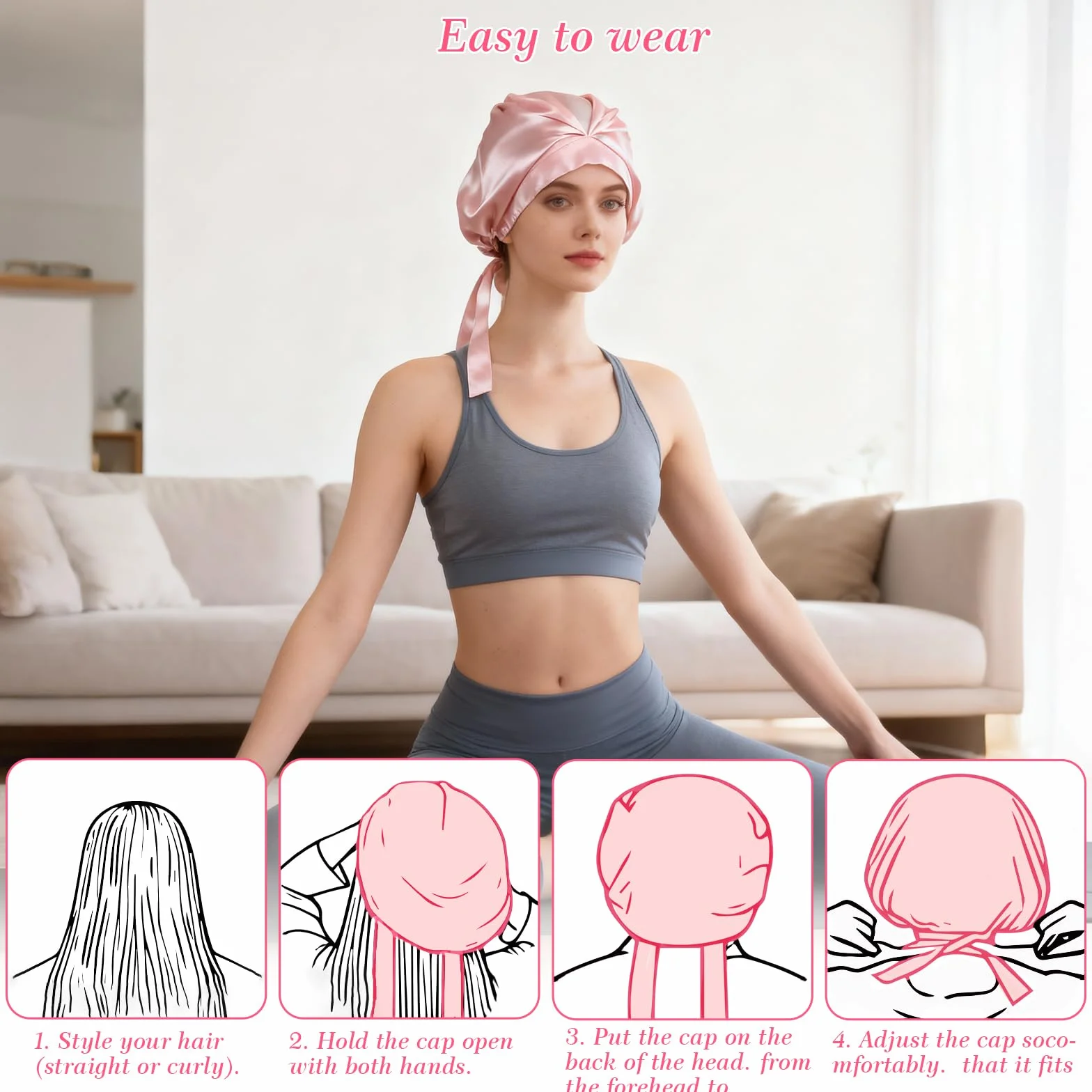 Jedwabny czepek do spania, 100% jedwab morwowy, regulowana, miękka czapka do spania Bonnet jedwabna do kręconych i prostych włosów, Rosa, Rozmiar uniwersalny
