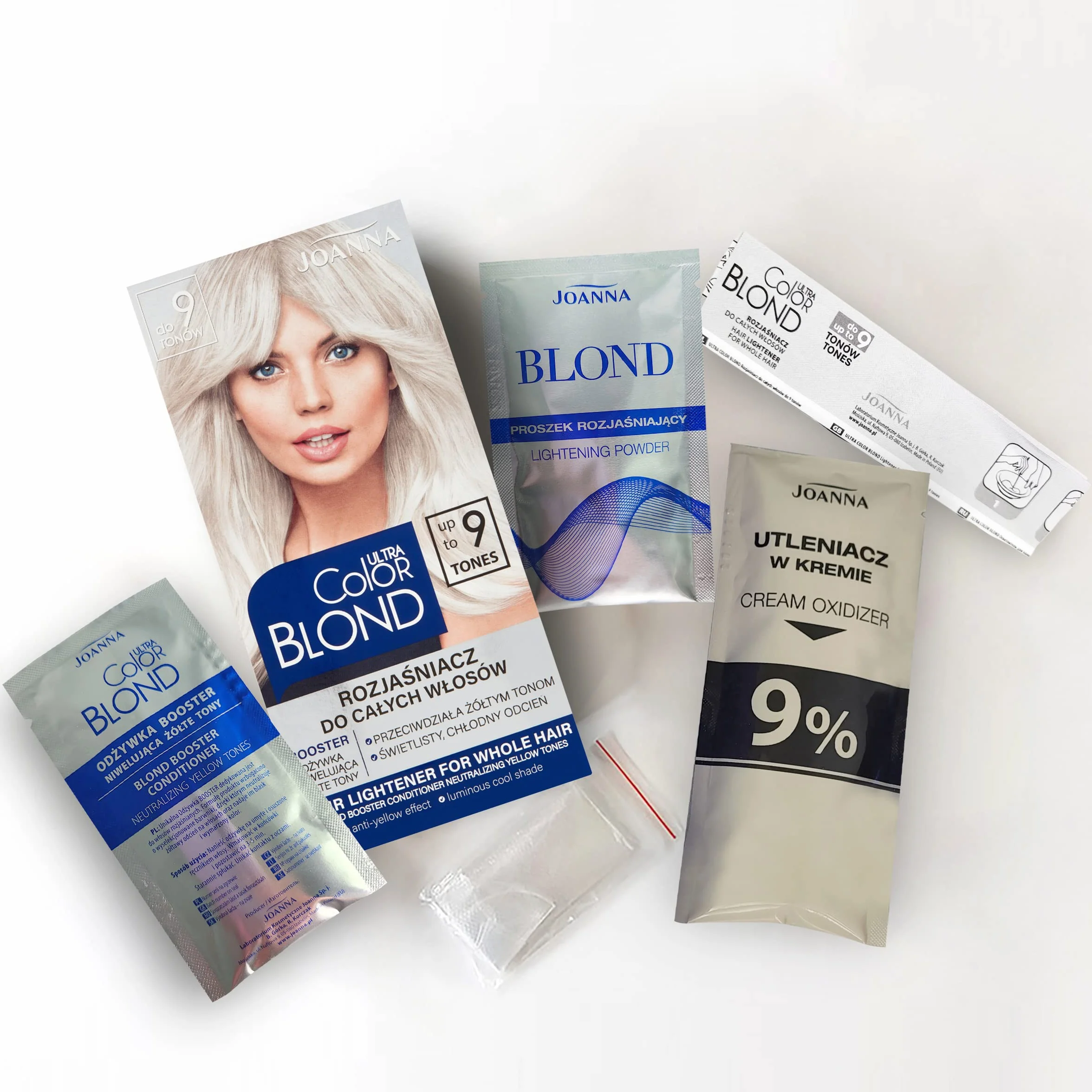 JOANNA Ultra Color Blond rozjaśniacz do włosów, rozjaśnianie włosów, do 9 odcieni, długotrwały połysk i czystość koloru blond, do pasemek i balejażu, chłodny odcień