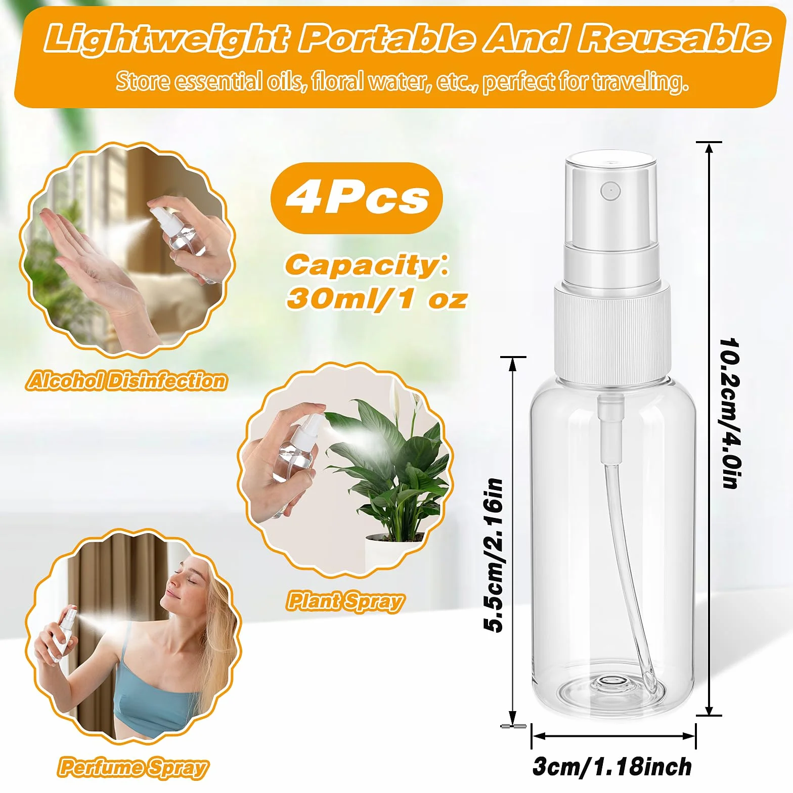 Giantree Zestaw 4 Przezroczystych Plastikowych Butelek do Podróży 30ml z Rozpylaczem