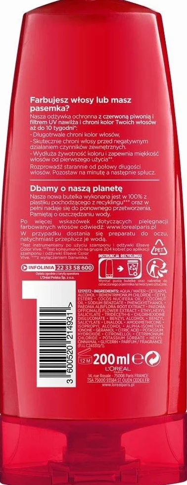 L'Oreal Paris Hair Care Elseve Color-Vive Odżywka Ochronna Do Włosów Farbowanych 200 Ml