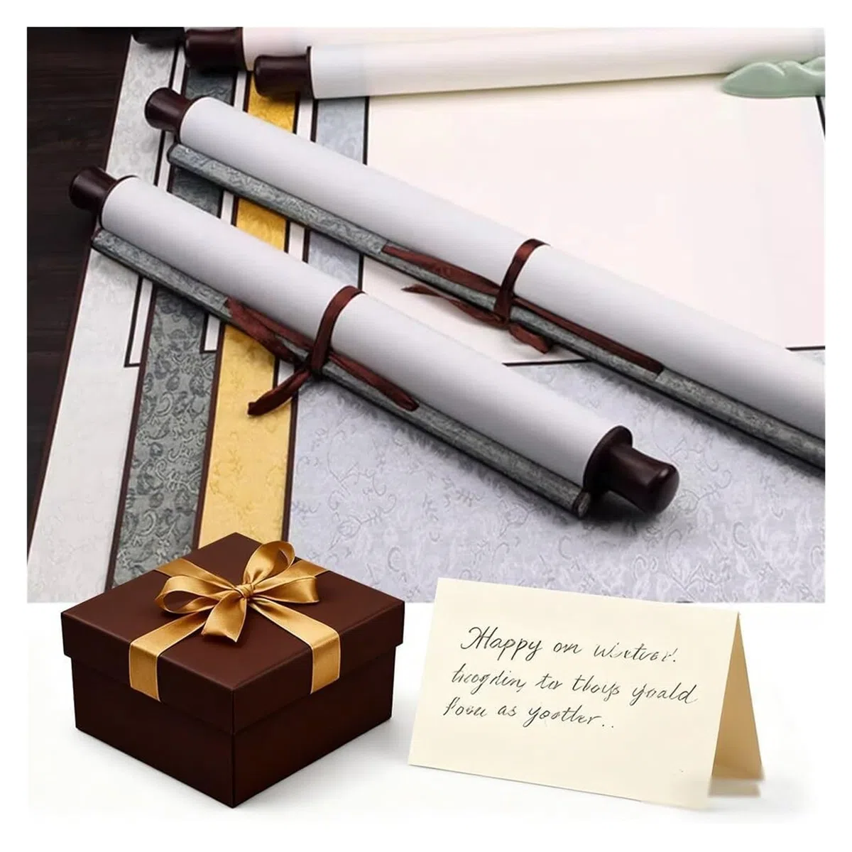 Starożytne malowidło figuralne, chiński ręcznie robiony pionowy wystrój, wiszące dekoracje biurowe Feng Shui, dzieło sztuki gotowe na prezent(Creamy white B,79L x 186W cm)