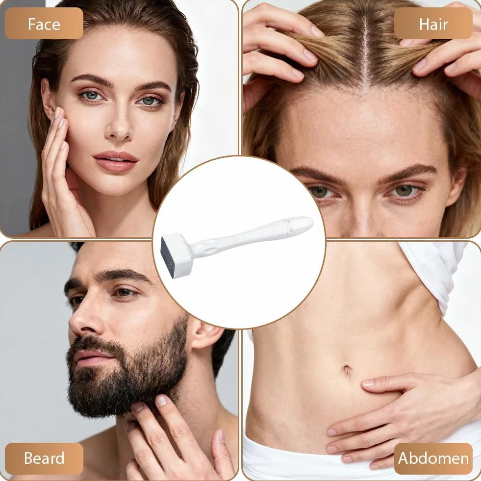 Flintronic Microneedling twarzy, 0-3 mm Derma Roller, regulowany Dermastamp, z 140 tytanowymi igłami, gładka pielęgnacja skóry w domu, do skóry, włosów, zmarszczek, rozstępów (biały)