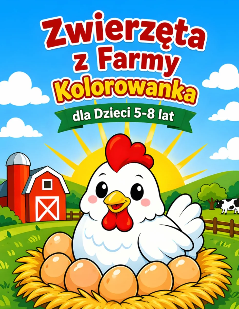 Zwierzęta z Farmy Kolorowanka dla Dzieci 5-8 lat: Duża kolorowanka dla dzieci | Proste obrazki zwierząt wiejskich | Krowy, kury, konie | Kreatywna zabawa bez ekranu | Prezent dla chłopca i dziewczynki