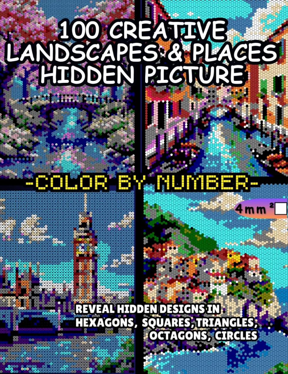 100 Creative LANDSCAPES & PLACES Hidden Picture Color by Number: Reveal Hidden Designs in Hexagons, Squares, Triangles, Octagons and Circles | Pixel ... Landmarks & More | 4mm Squares All ages