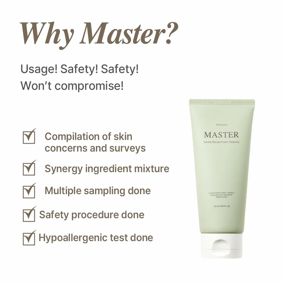 mixsoon Master Gentle Recipe Foam Cleanser, pielęgnujący środek do czyszczenia twarzy z Centella Asiatica, Houttuynia Cordata & LHA, delikatne czyszczenie, pH 5,5 (150 ml)