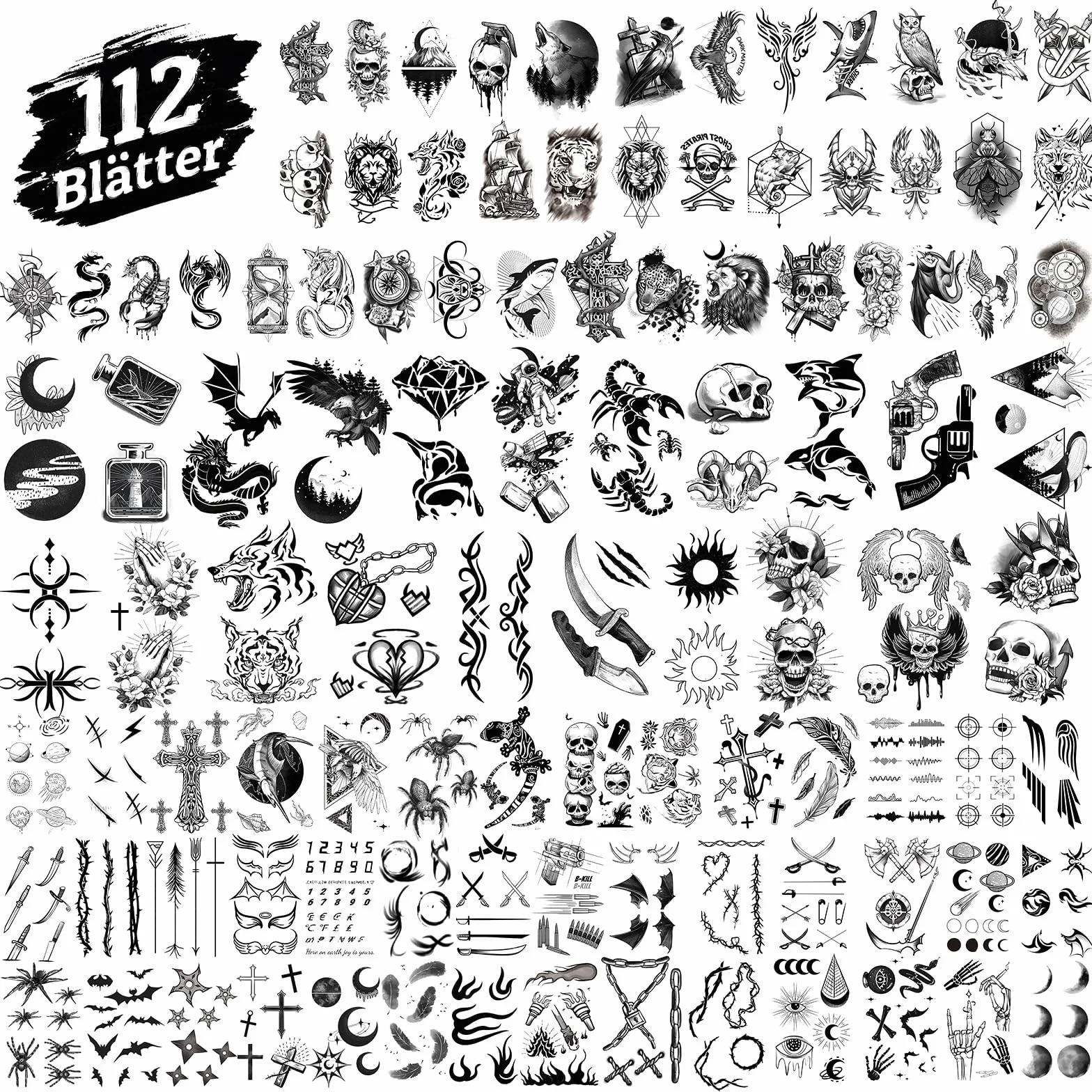 Leesgel Tymczasowy tatuaż, 112 arkuszy, wodoodporny, sztuczny tatuaż z motywami śmierci, czaszka, szkielet, lew, tymczasowy tatuaż na ciało, ramię, klatkę piersiową