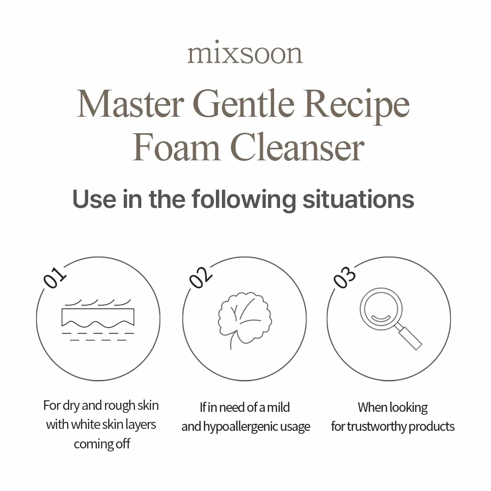 mixsoon Master Gentle Recipe Foam Cleanser, pielęgnujący środek do czyszczenia twarzy z Centella Asiatica, Houttuynia Cordata & LHA, delikatne czyszczenie, pH 5,5 (150 ml)