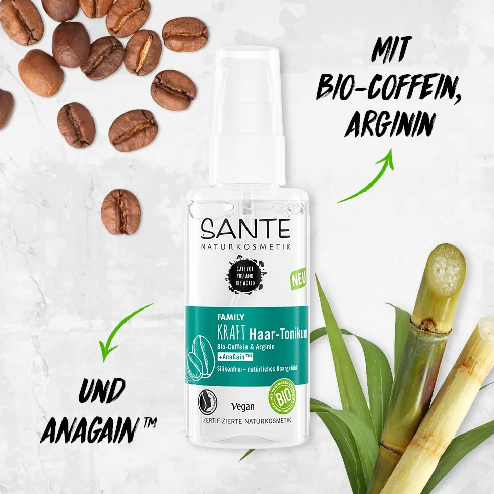 SANTE Naturkosmetik Wzmacniający spray przeciw wypadaniu włosów, zabieg skóry głowy dla zdrowych i pełnych włosów, z biokofeiną, argininą i angininą, tonikiem do włosów, 1 x 75 ml