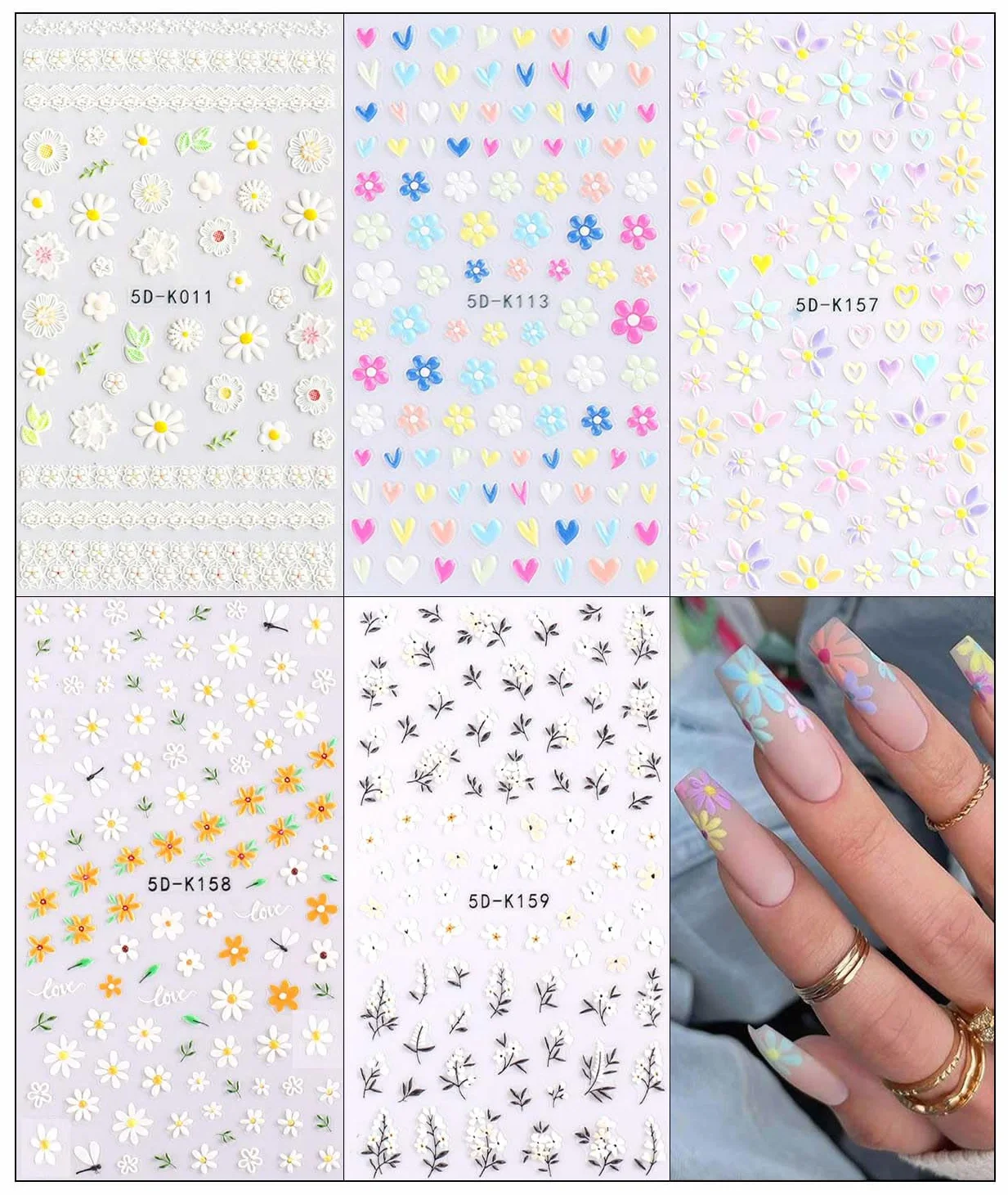 Naklejki na Paznokcie 3D Kwiat 5 Arkuszy Nail Art Sticker Samoprzylepne Dekoracji