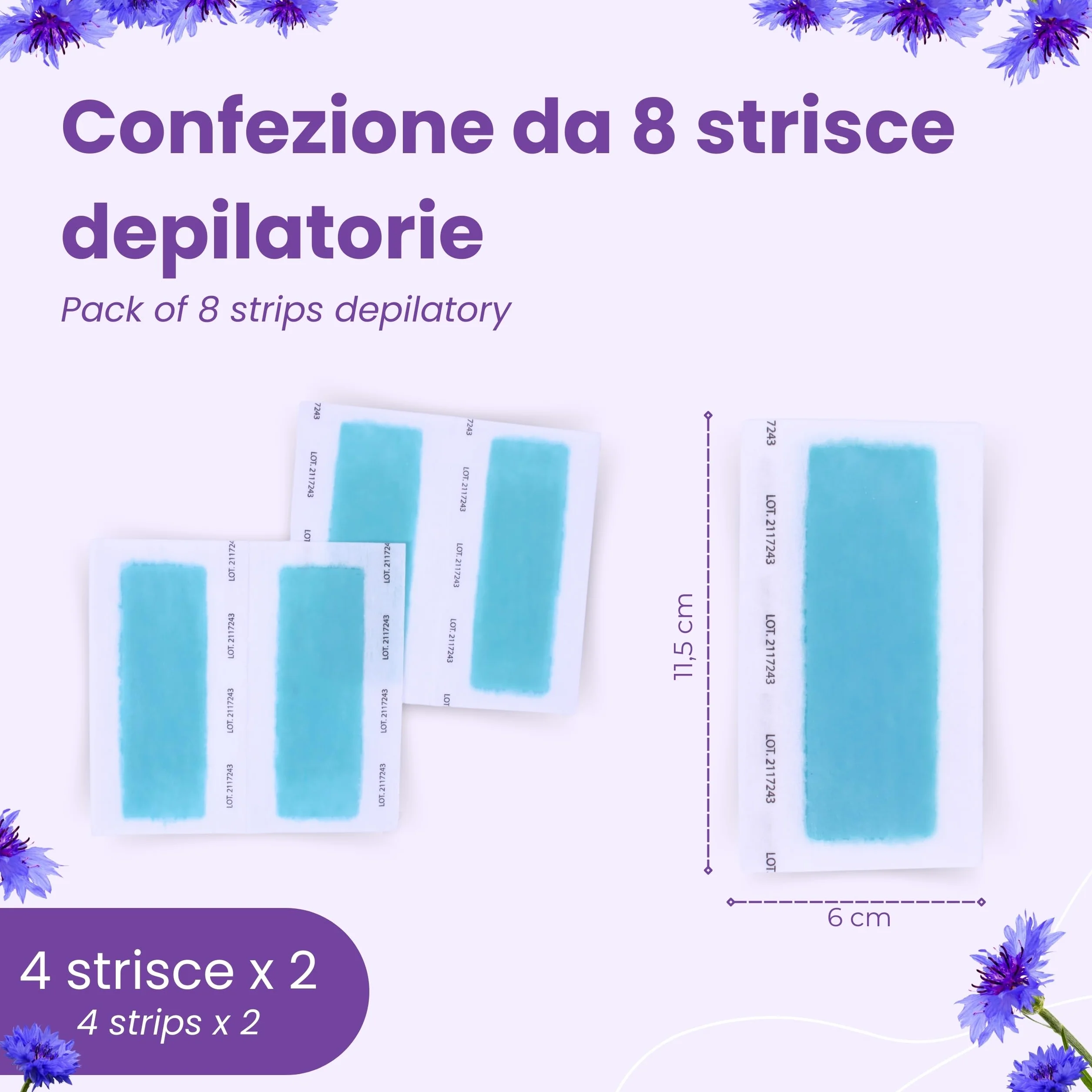 Paski do depilacji do skóry wrażliwej, 8 sztuk, z organicznym olejkiem ze słodkich migdałów i witaminy E, 11,5 x 6 cm