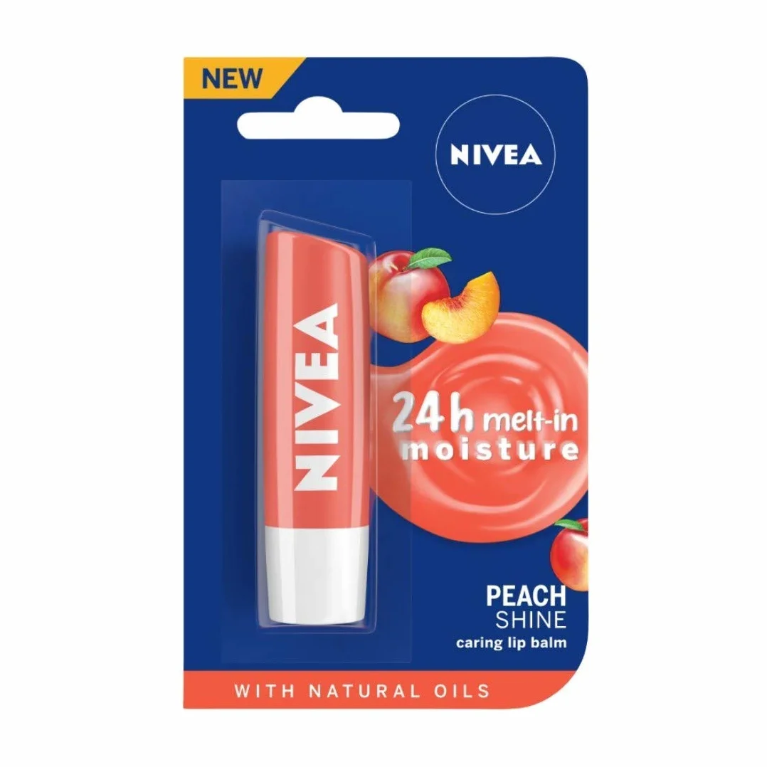 NIVEA Peach Shine Nawilżająca pomadka do ust z masłem shea, pielegnującymi olejkami i witaminami 4,8 g