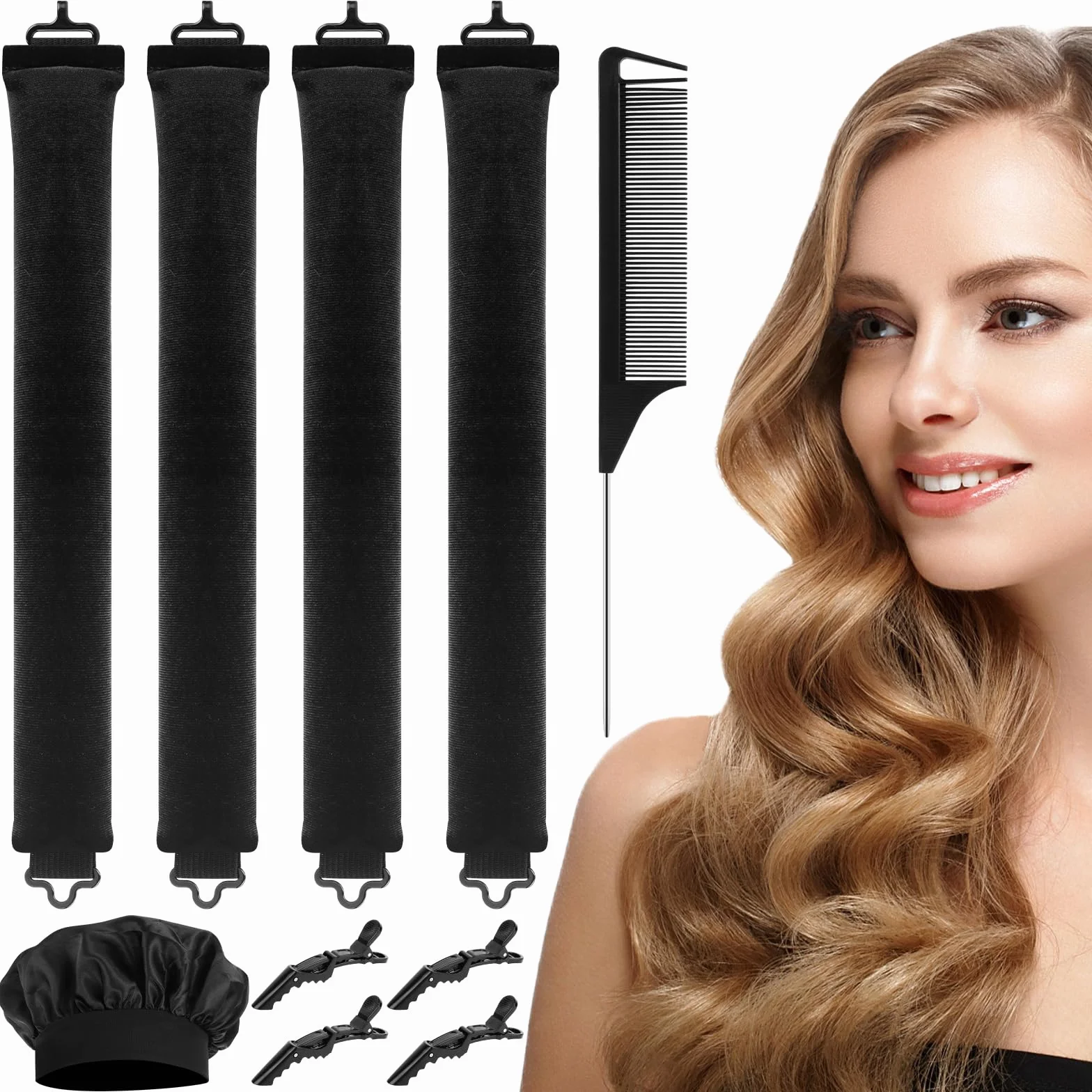 4 sztuki wałków do włosów na noc, "zrób to sam", heat less curls, gumowe loki, bez wysokiej temperatury, z haczykami, overnight blowout z nasadkami do włosów, do wszystkich rodzajów włosów