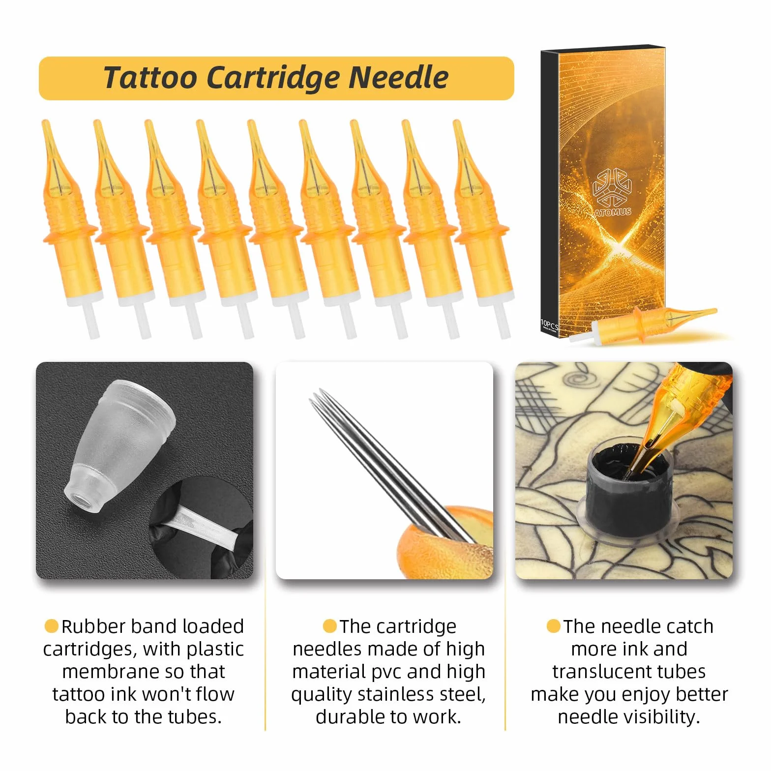 ATOMUS 10pcs Tattoo Cartridge Needles Kit 3RL Needles 100pcs Silicone Tattoo Ink Cup and 10pcs Rubber Bands Clip Cord Bag Black Bandage