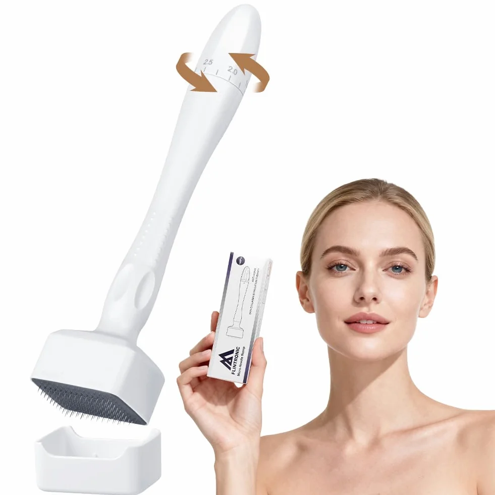 Flintronic Microneedling twarzy, 0-3 mm Derma Roller, regulowany Dermastamp, z 140 tytanowymi igłami, gładka pielęgnacja skóry w domu, do skóry, włosów, zmarszczek, rozstępów (biały)