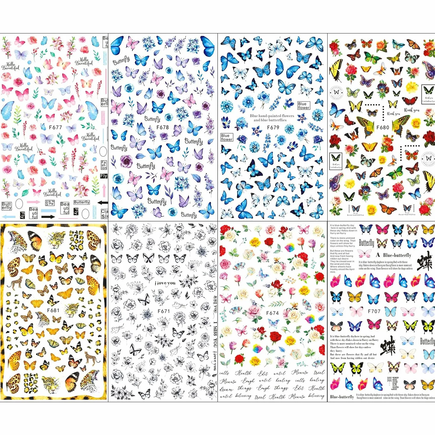 JMEOWIO Motyl Naklejki na Paznokcie 8 Arkuszy Nail Art Sticker Samoprzylepne Naklejek na Paznokcie Dekoracji Paznokci