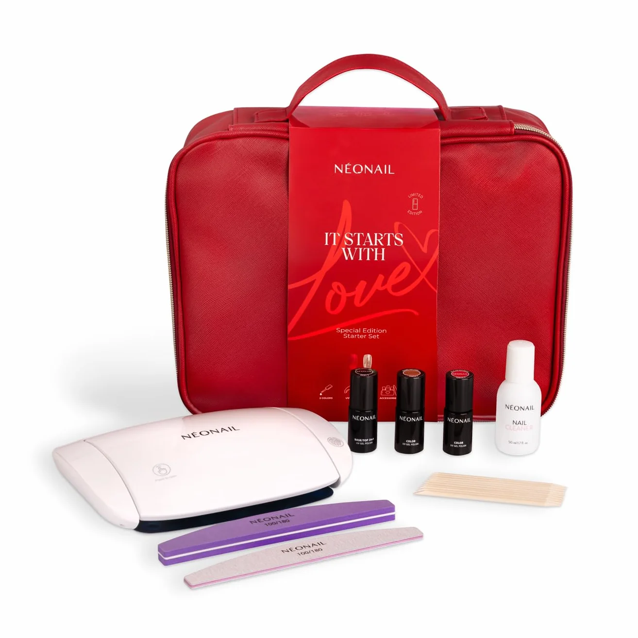 NEONAIL It Starts With Love Zestaw Startowy do Manicure z Lampą LED FUTURO TOUCH 22W/48 - Lakiery Hybrydowe Baza i Top 2in1 Nail Cleaner
