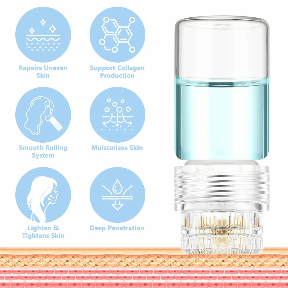 Microneedling Stamp 1,0 mm Tytan, Derma Roller Twarzy, 20 Pin z Butelką Serum