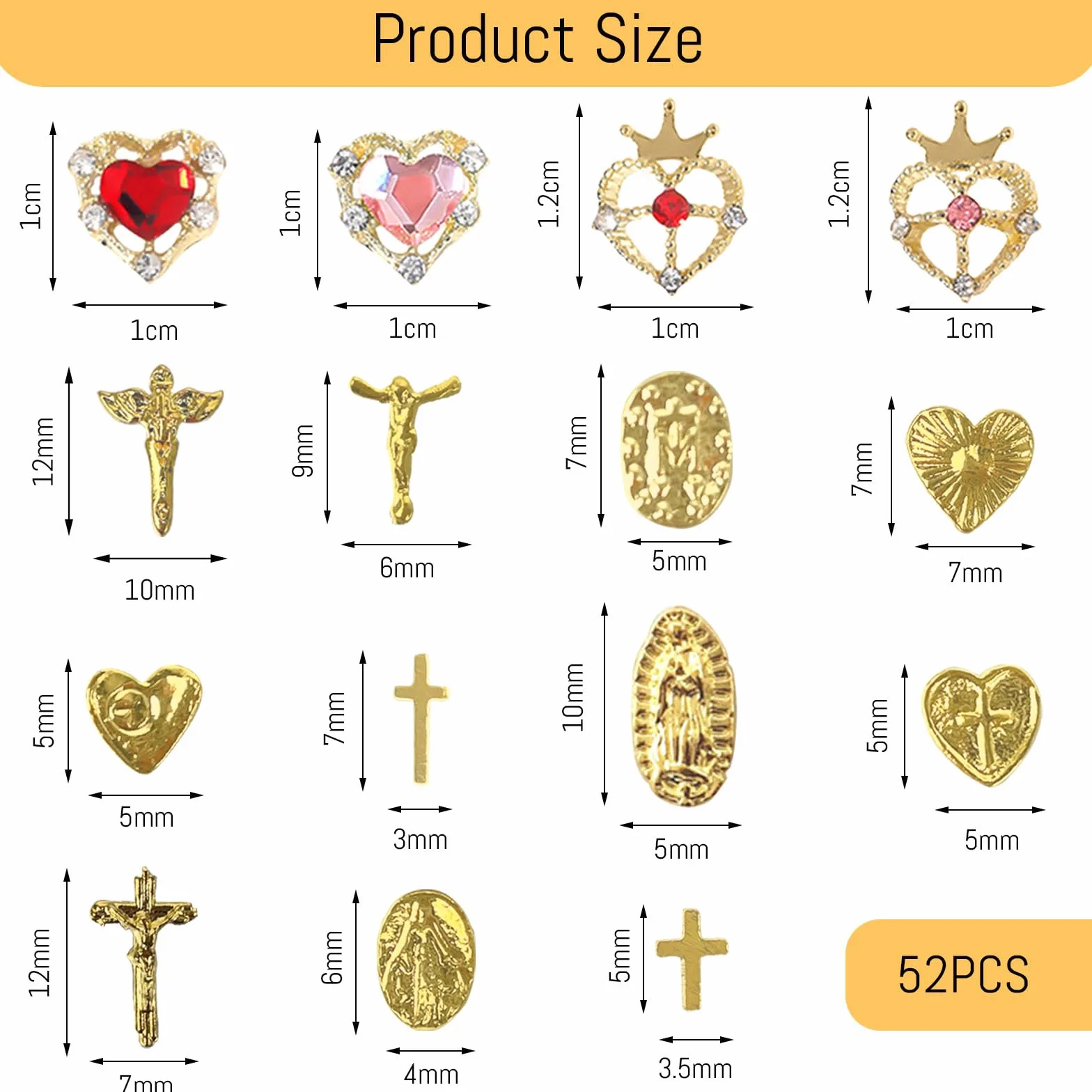 52 sztuki złotych zawieszek 3D na paznokcie, wysokiej jakości zdobienia paznokci, ekskluzywne z kamieniami strasu dla luksusowego manicure