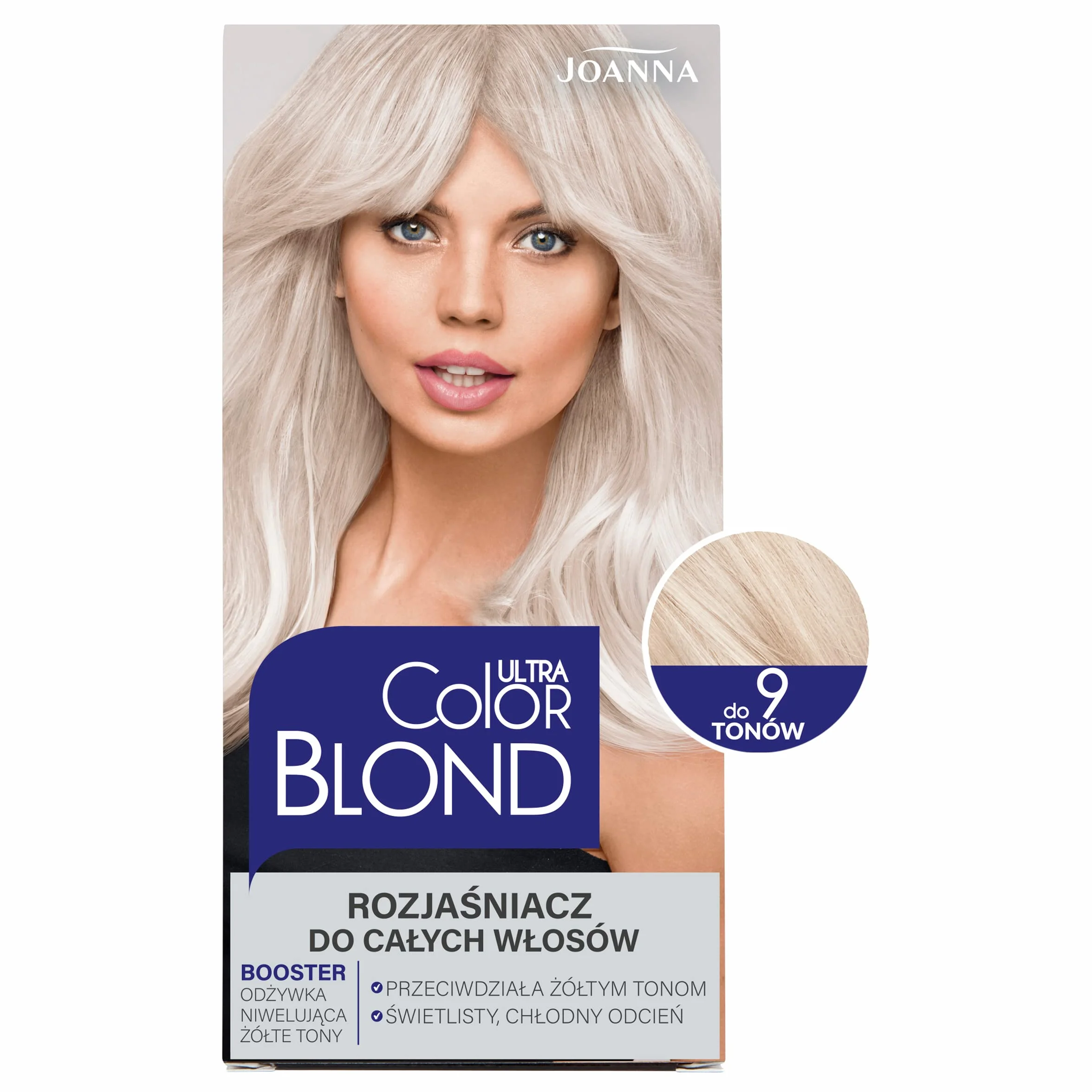 JOANNA Ultra Color Blond rozjaśniacz do włosów, rozjaśnianie włosów, do 9 odcieni, długotrwały połysk i czystość koloru blond, do pasemek i balejażu, chłodny odcień