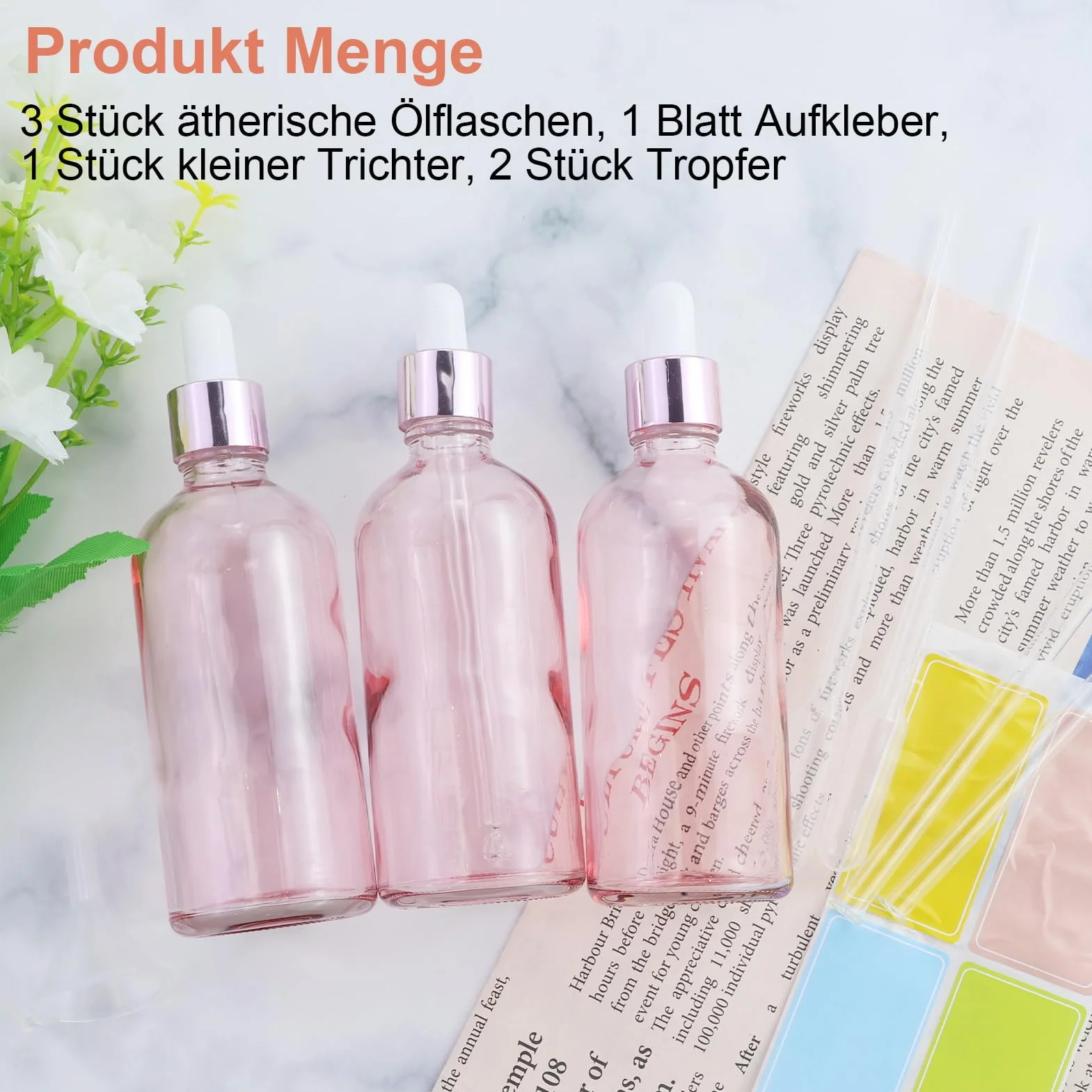 Szklane butelki na olejki eteryczne 100 ml z pipetą, przezroczyste różowe, zestaw 3 sztuk